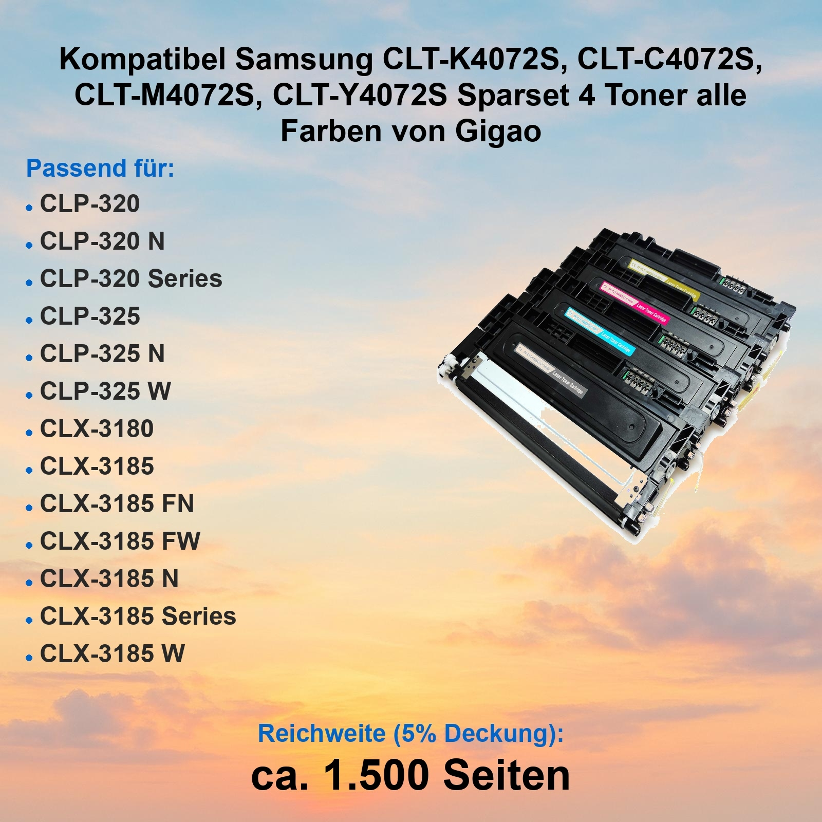 Das Bild zeigt vier Druckertonerkartuschen. Text listet kompatible Modelle und Seitenleistung vor Himmels Hintergrund.