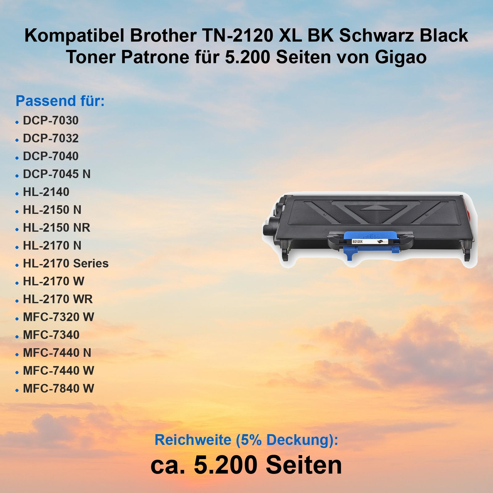 Schwarze Brother-Tonerkartusche. Text listet kompatible Druckermodelle. Der Hintergrund ist ein Sonnenuntergang.