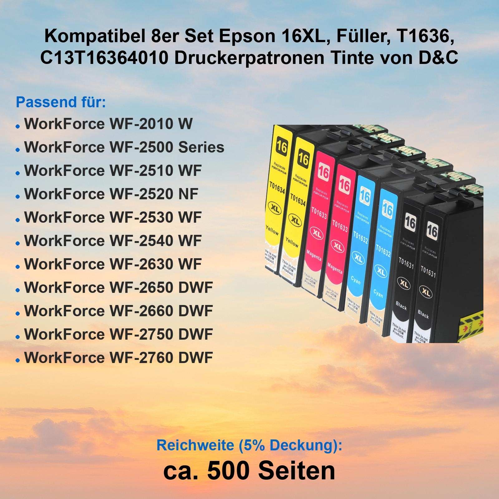 Das Bild zeigt Epson 16XL Tintenpatronen in Gelb, Magenta, Cyan und Schwarz. Produktbeschreibung und Druckerkompatibilität sind aufgeführt.