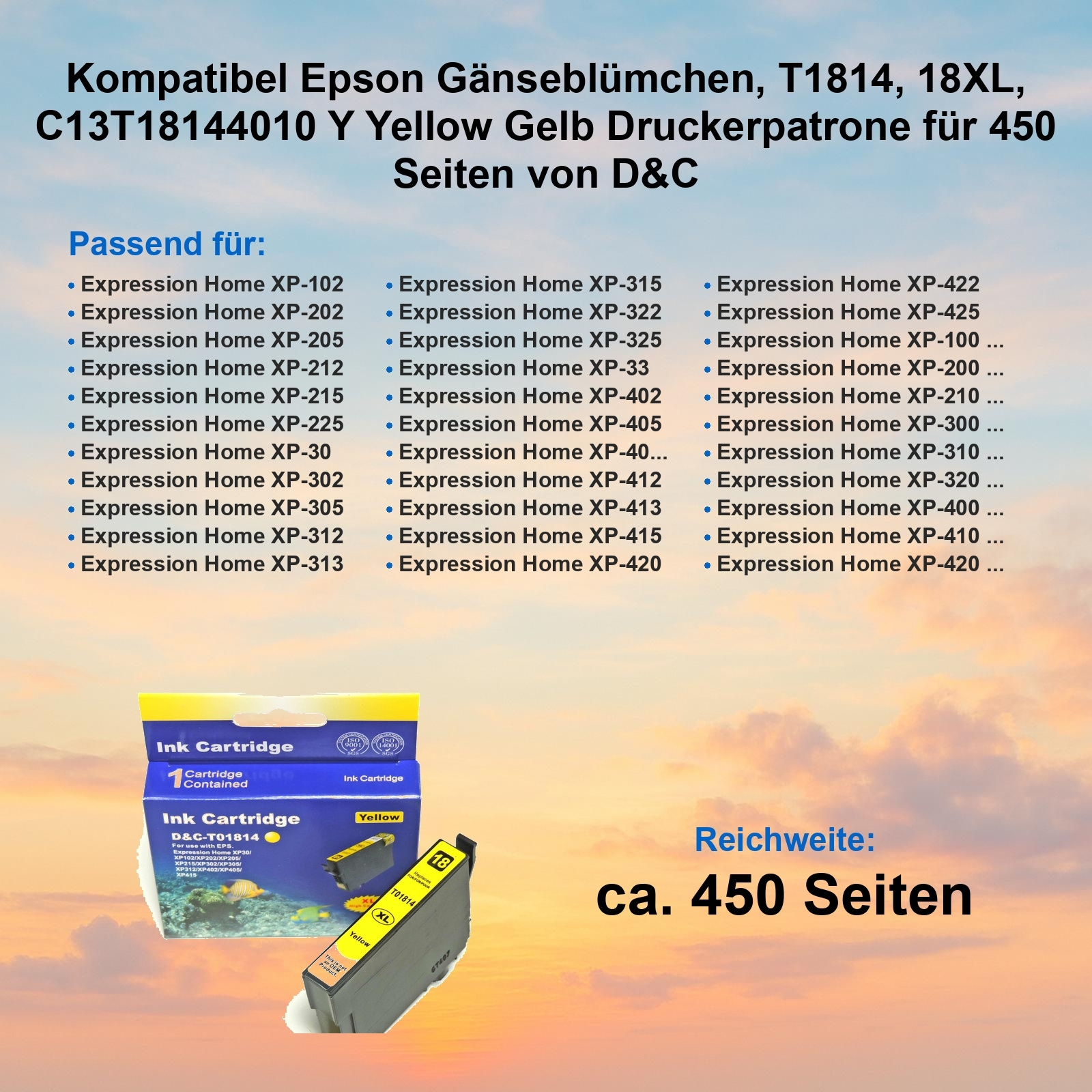 Das Bild zeigt eine Epson-Tintenpatronenbox. Text listet kompatible Drucker, Patronentyp und Seitenleistung auf.
