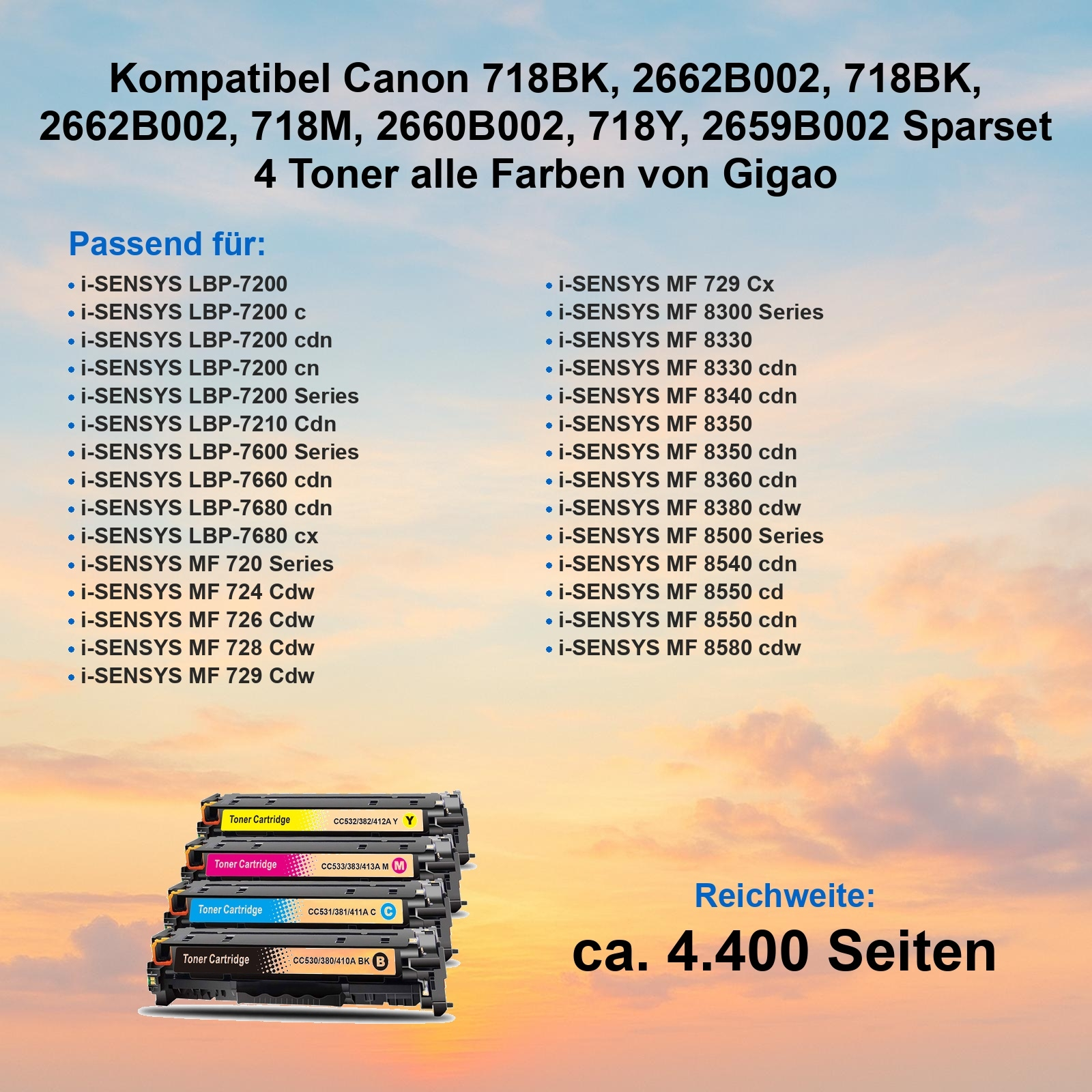 Das Bild zeigt Tonerkartuschen mit einer Liste kompatibler Drucker und Text, der die Seitenausbeute angibt.