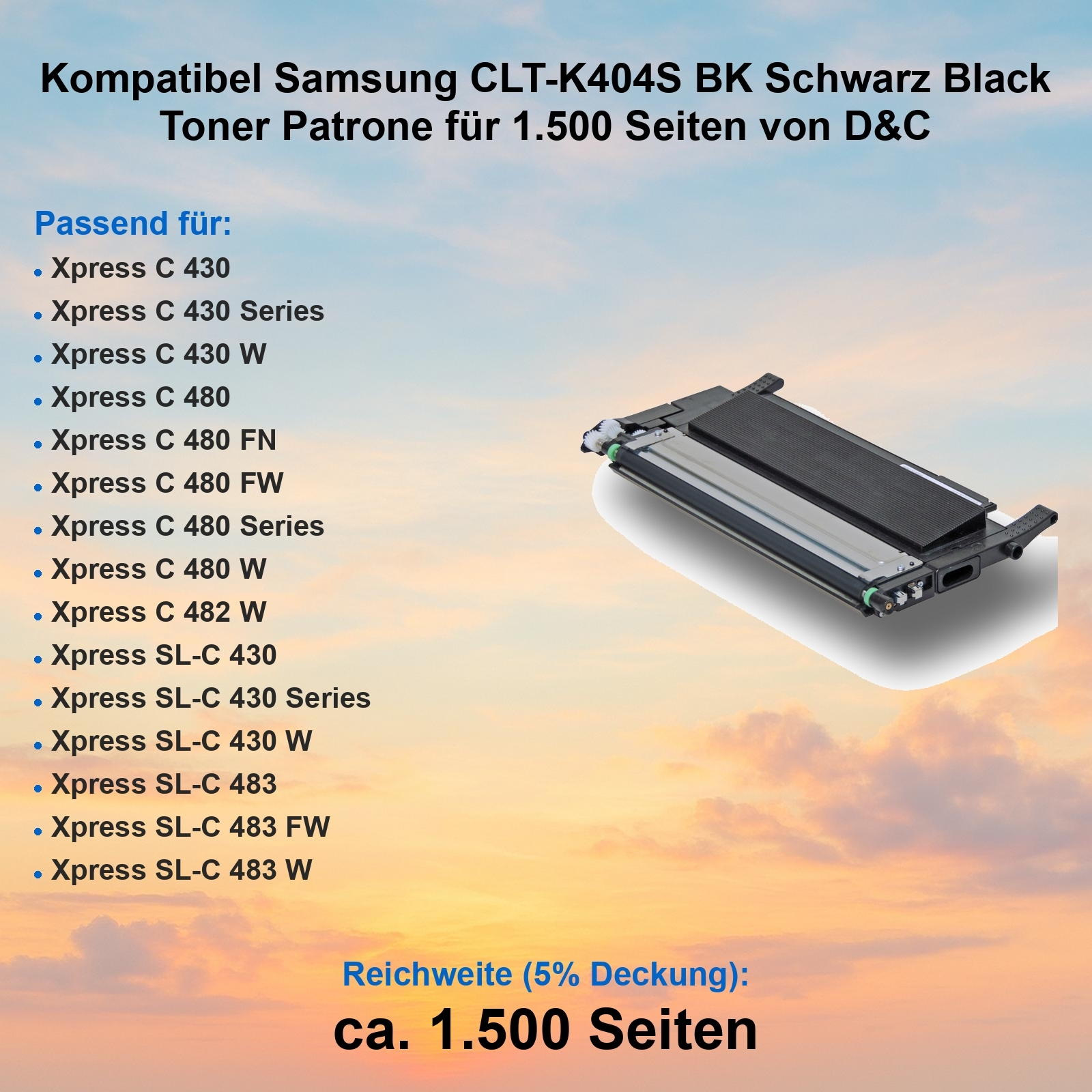 Das Bild zeigt eine schwarze Tonerkartusche mit einer Liste kompatibler Druckermodelle und Text zur Seitenleistung.
