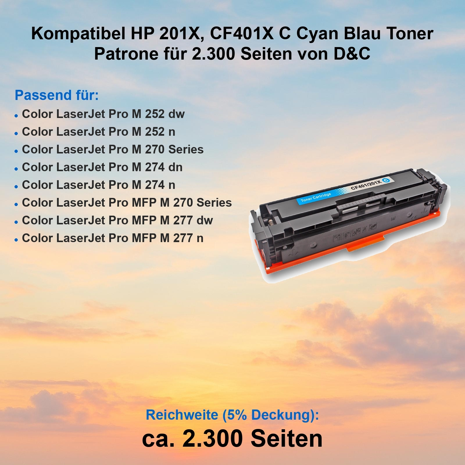 Cyan-Tonerpatrone für HP-Drucker. Produktinformationen und kompatible Modelle sind aufgeführt. Hintergrund ist ein Himmelsverlauf.