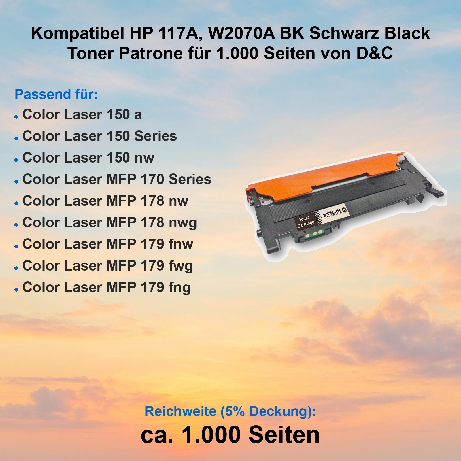 Eine orange-schwarze Tonerkartusche für HP-Drucker mit einer Liste kompatibler Modelle und einer Seitenleistung von 1.000 Seiten.