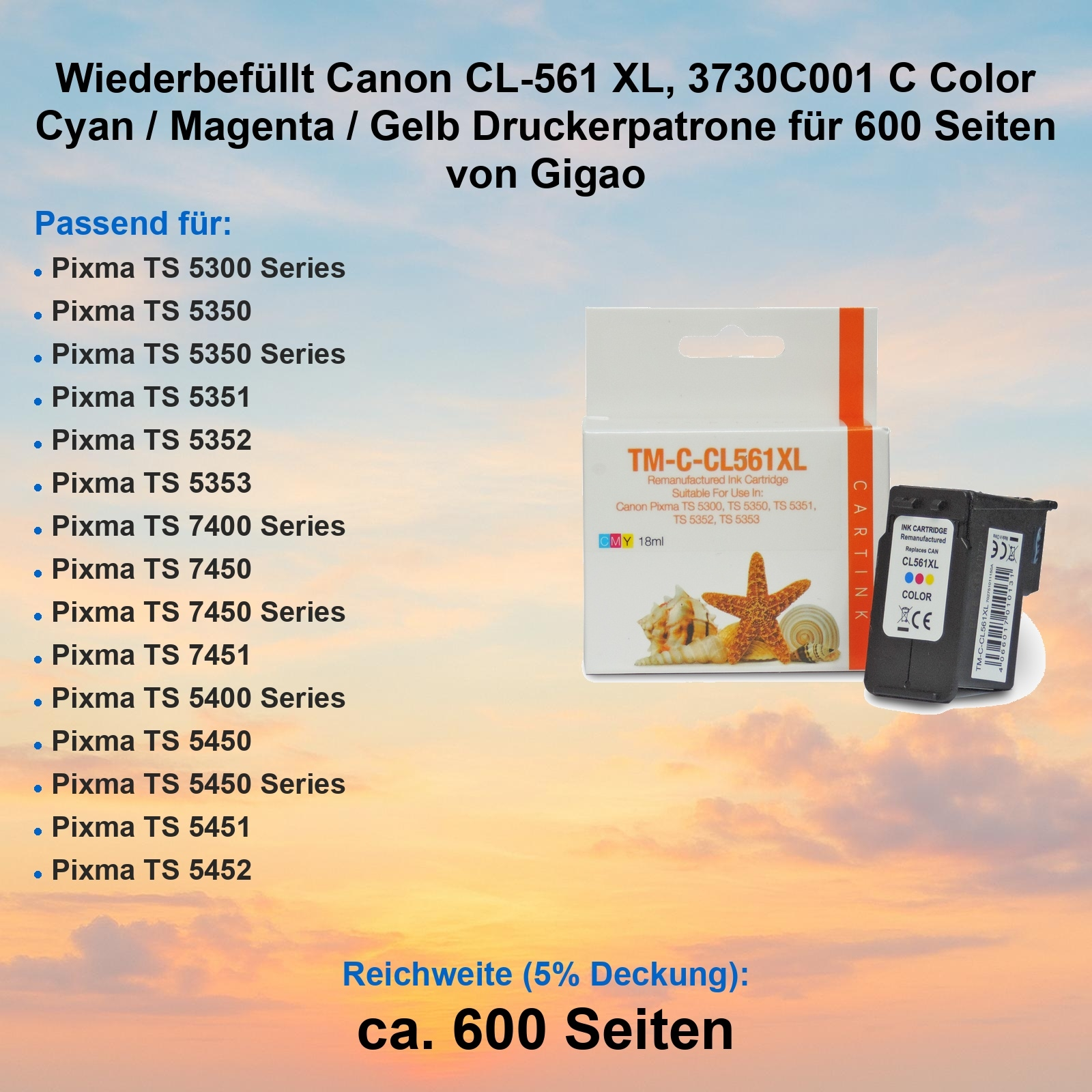 Tintenpatrone Produkt. Box mit Seesternen und Muscheln. Text: Canon CL-561 XL. Details kompatibler Druckermodelle.
