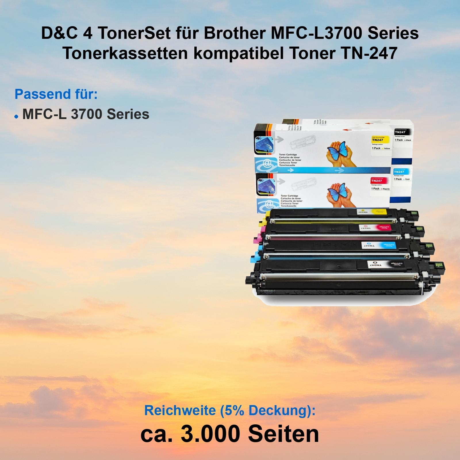 Das Bild zeigt ein D&C-Toner-Set für Brother-Drucker. Enthält Tonerkartuschen in verschiedenen Farben mit Text auf den Kartons.