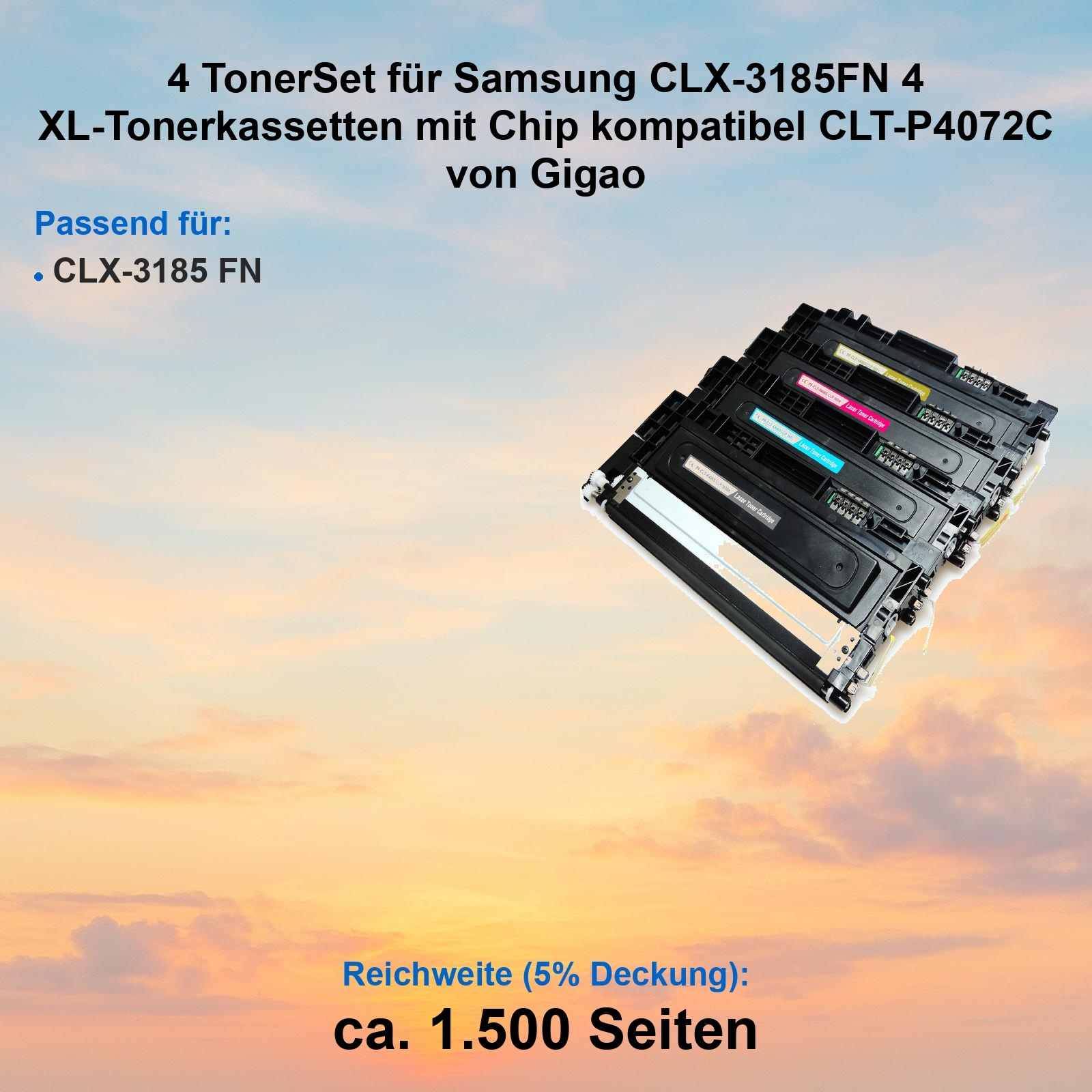 Vier schwarze Tonerkartuschen für Samsung-Drucker, mit farbigen Etiketten, vor Sonnenuntergang.