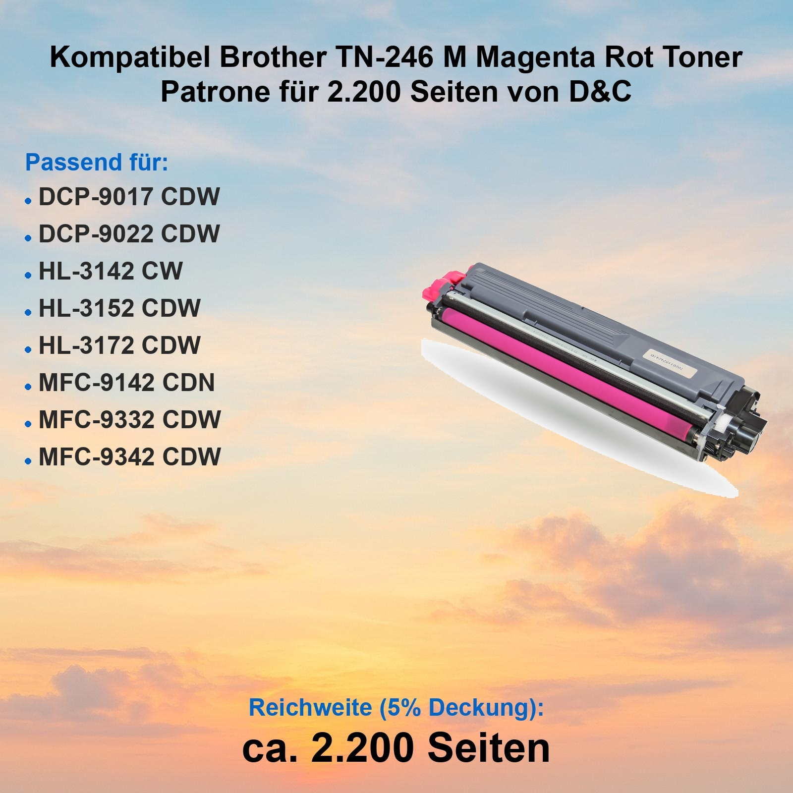 Eine magenta Tonerpatrone für Brother-Drucker. Enthält Modellkompatibilität und Seitenleistung. Himmelshintergrund.
