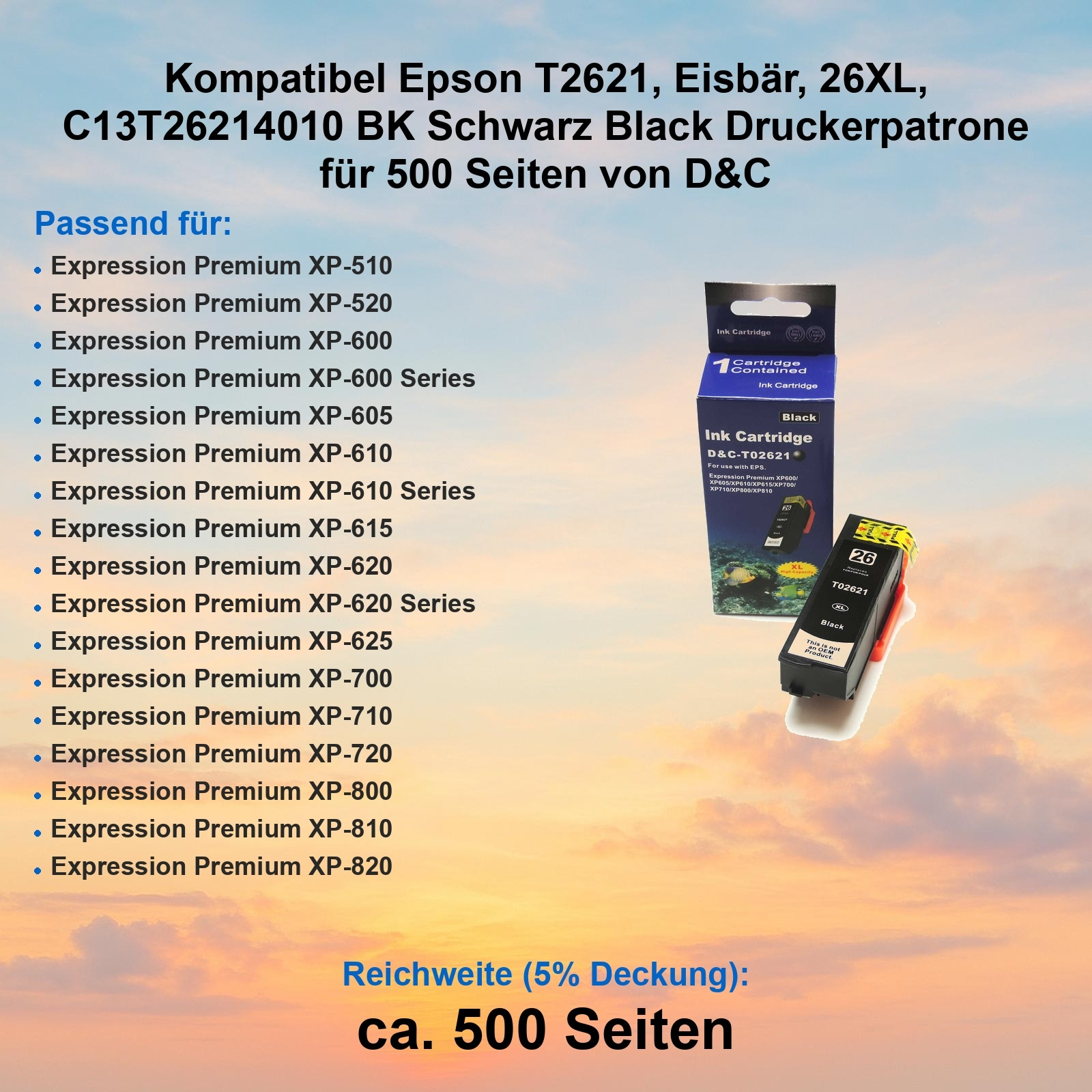 Das Bild zeigt eine Tintenpatronenbox mit Patrone. Der Text enthält Produktdetails und kompatible Druckermodelle.