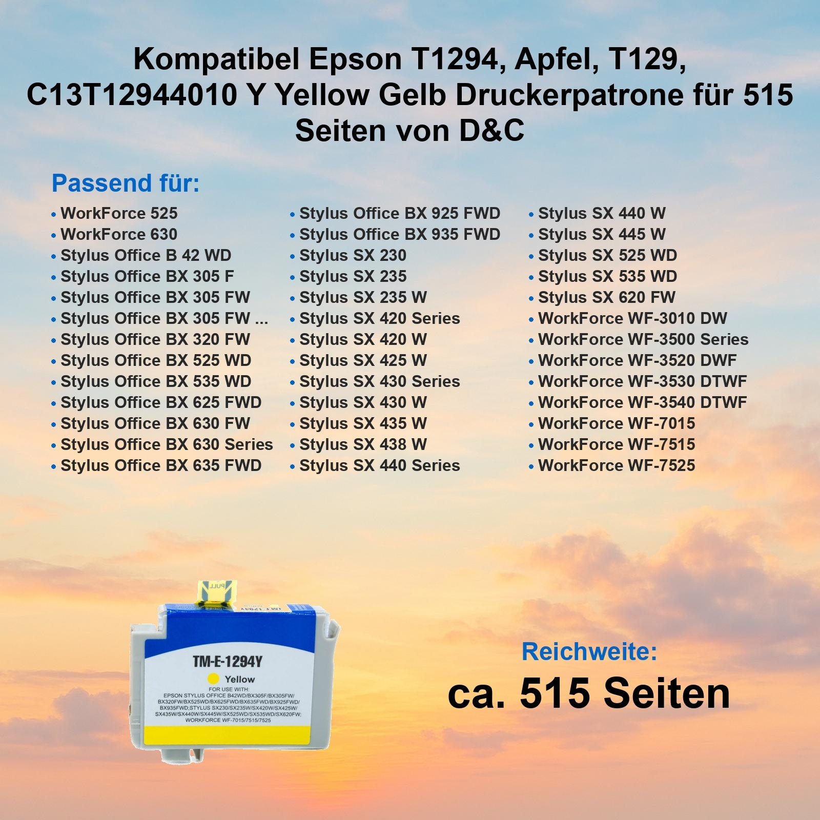 Gelbe Tintenpatrone mit Produktdetails und einer Liste kompatibler Drucker.