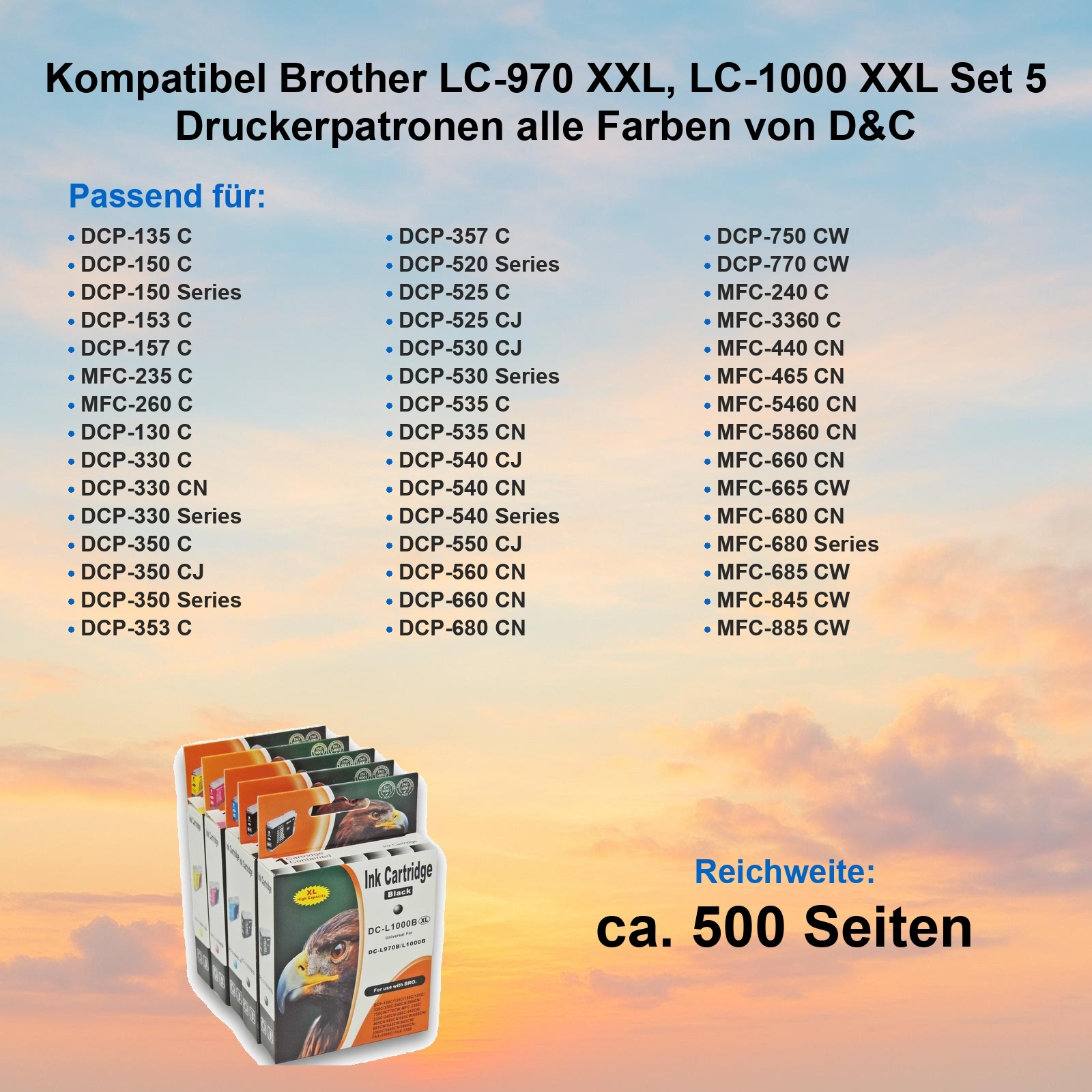 Das Bild zeigt Druckerpatronen mit Produktnamen und einem Text über die Anzahl der gedruckten Seiten.