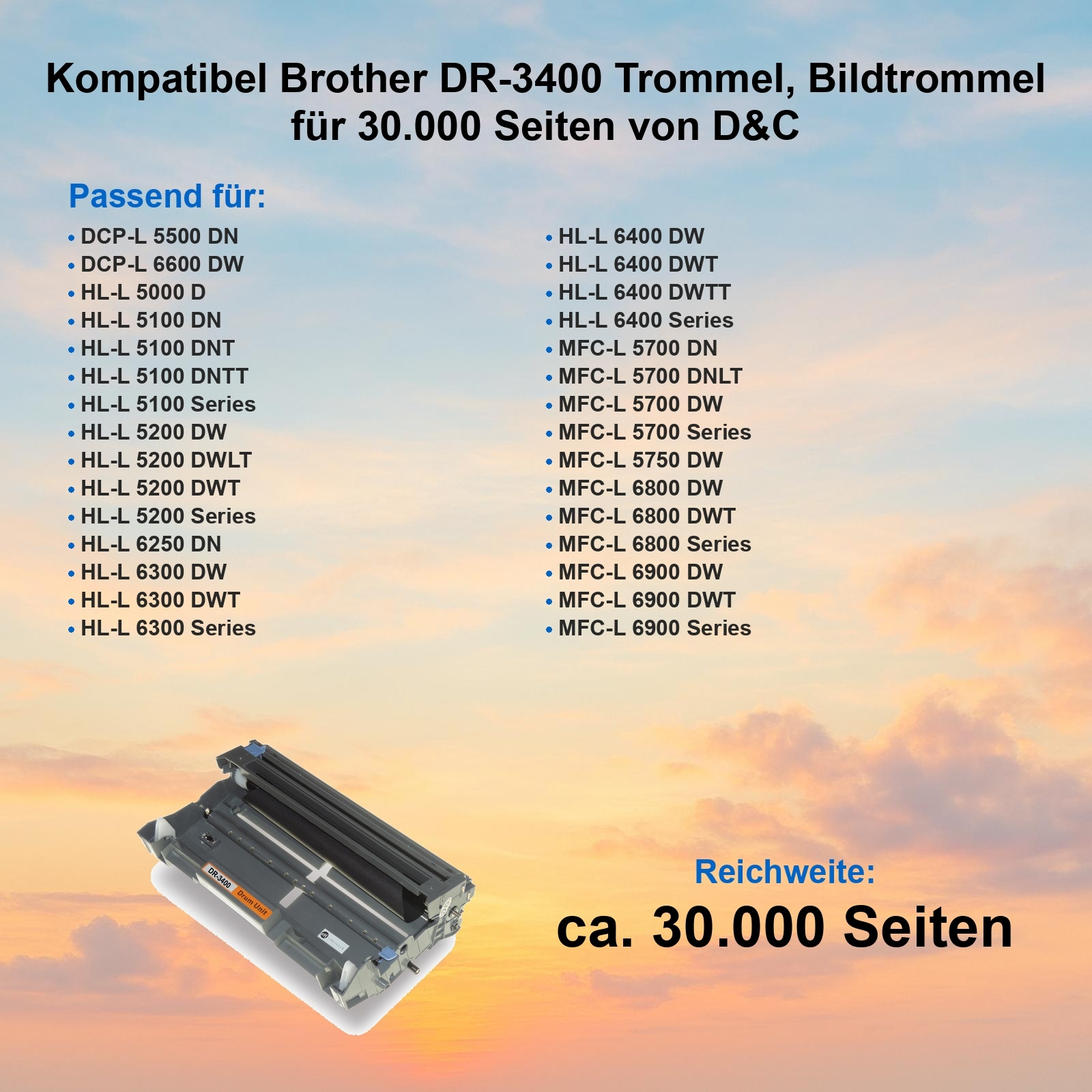 Das Bild zeigt eine Brother DR-3400 Trommeleinheit mit Text, der kompatible Druckermodelle und Seitenzahl auflistet.