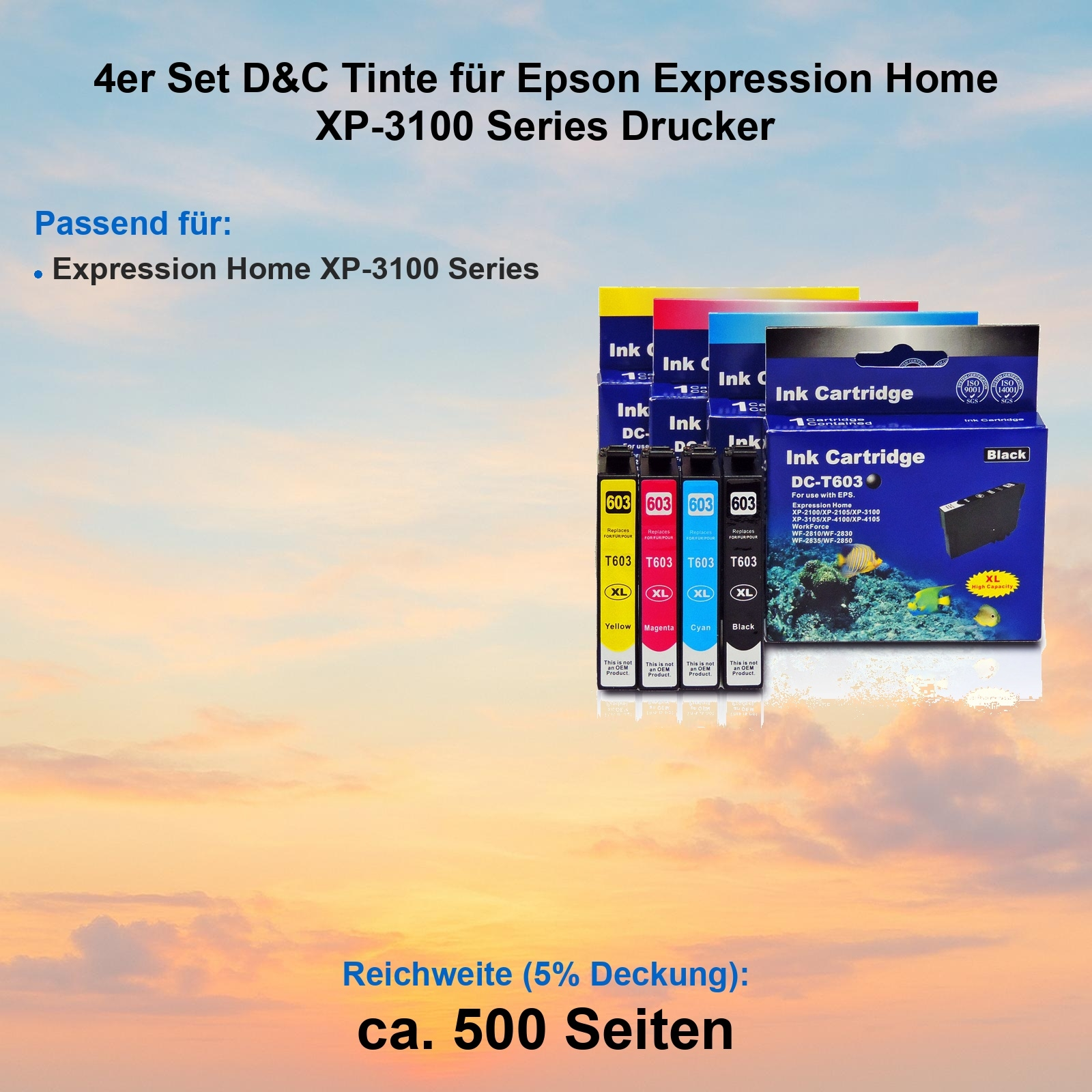 Tintenpatronen für Epson Expression Drucker. Gelbe, magenta, cyan und schwarze Patronen werden angezeigt.