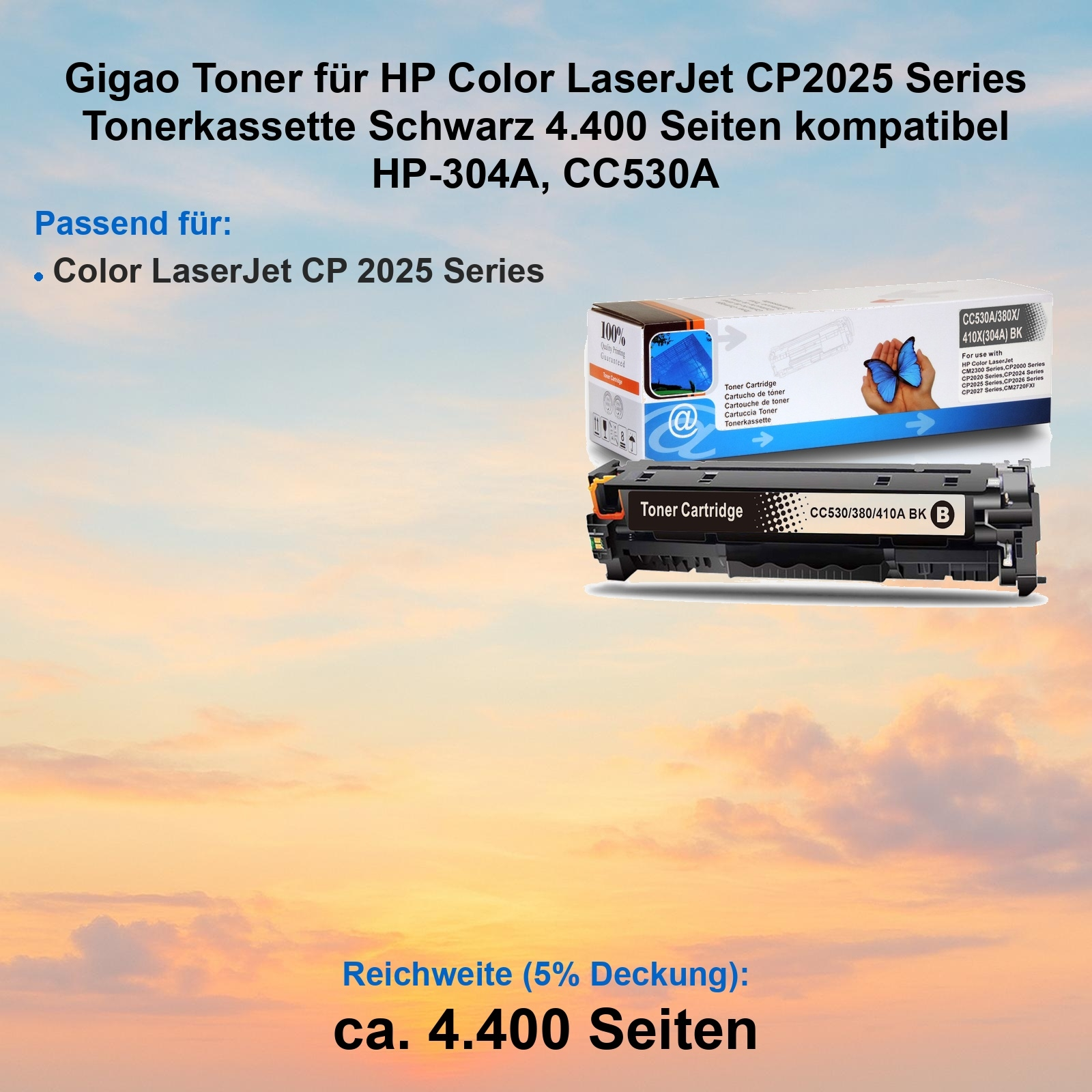 Tonerpatrone für HP-Drucker. Box mit Schmetterling, schwarze Patrone darunter. Text auf Deutsch.