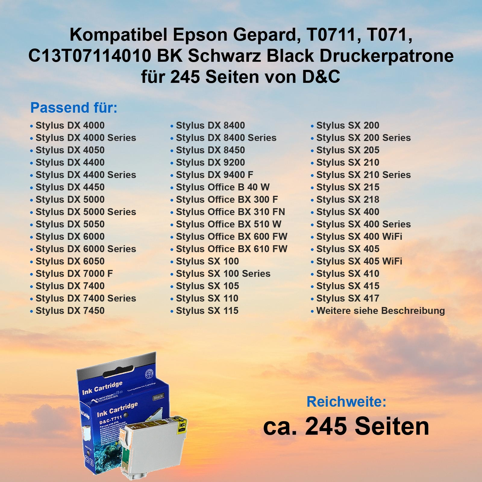 Eine schwarze Epson-Druckerpatrone mit einer Liste kompatibler Drucker und Seitenleistungsinformationen.