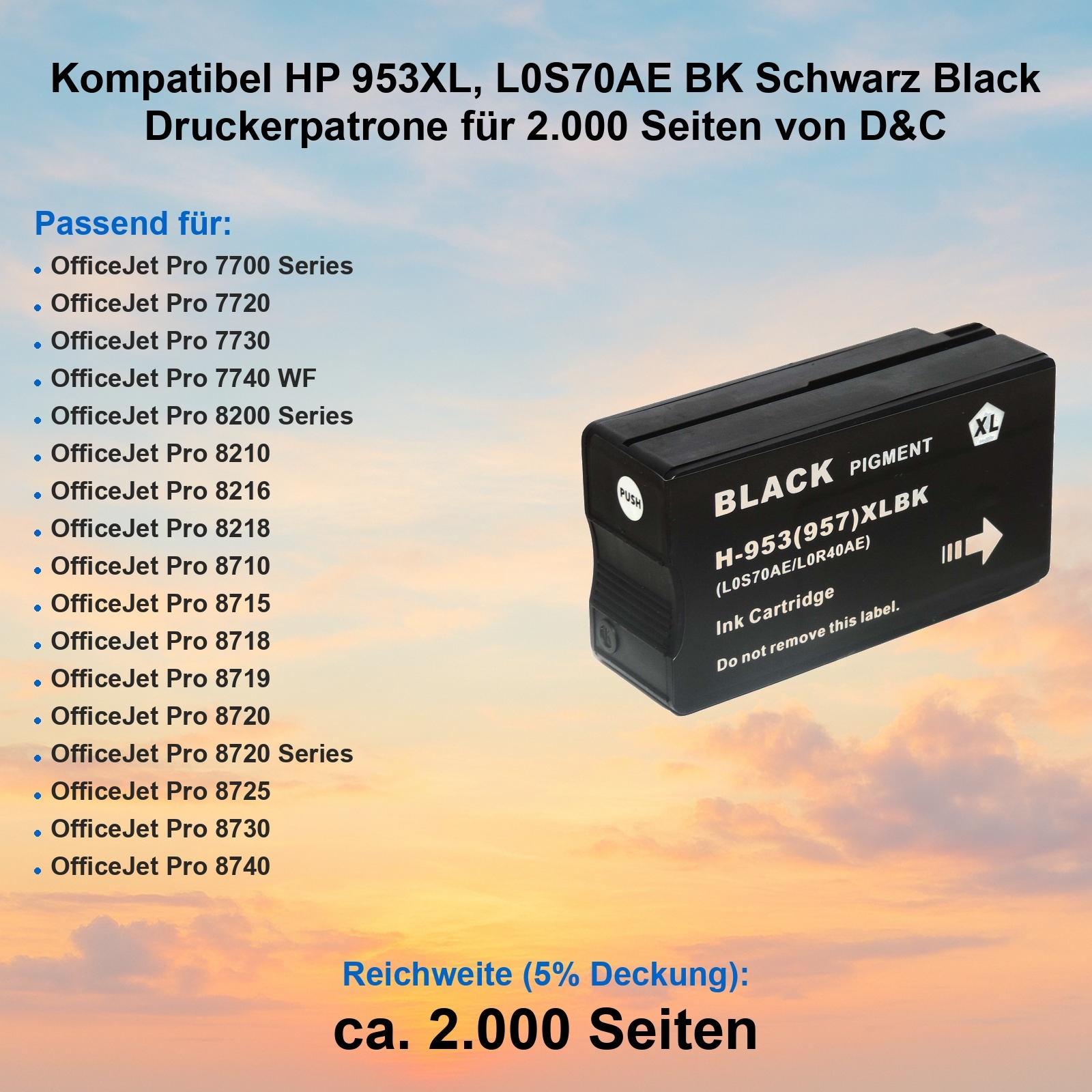 Schwarze Tintenpatrone mit weißem Text. Es listet kompatible HP-Drucker und die Seitenausbeute auf. Der Hintergrund ist blau.