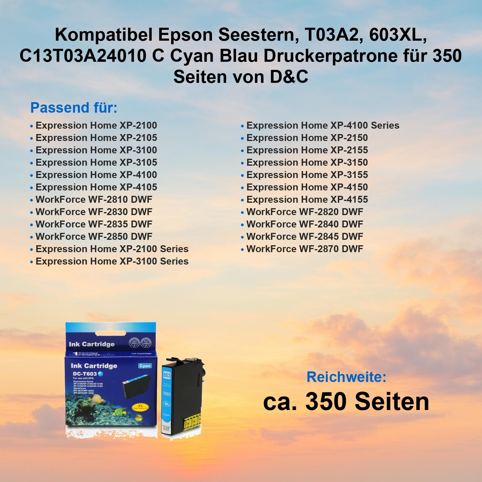 Werbung für eine Tintenpatrone. Das Bild zeigt die Patrone, eine Box und Text mit kompatiblen Druckern und Seitenzahl.