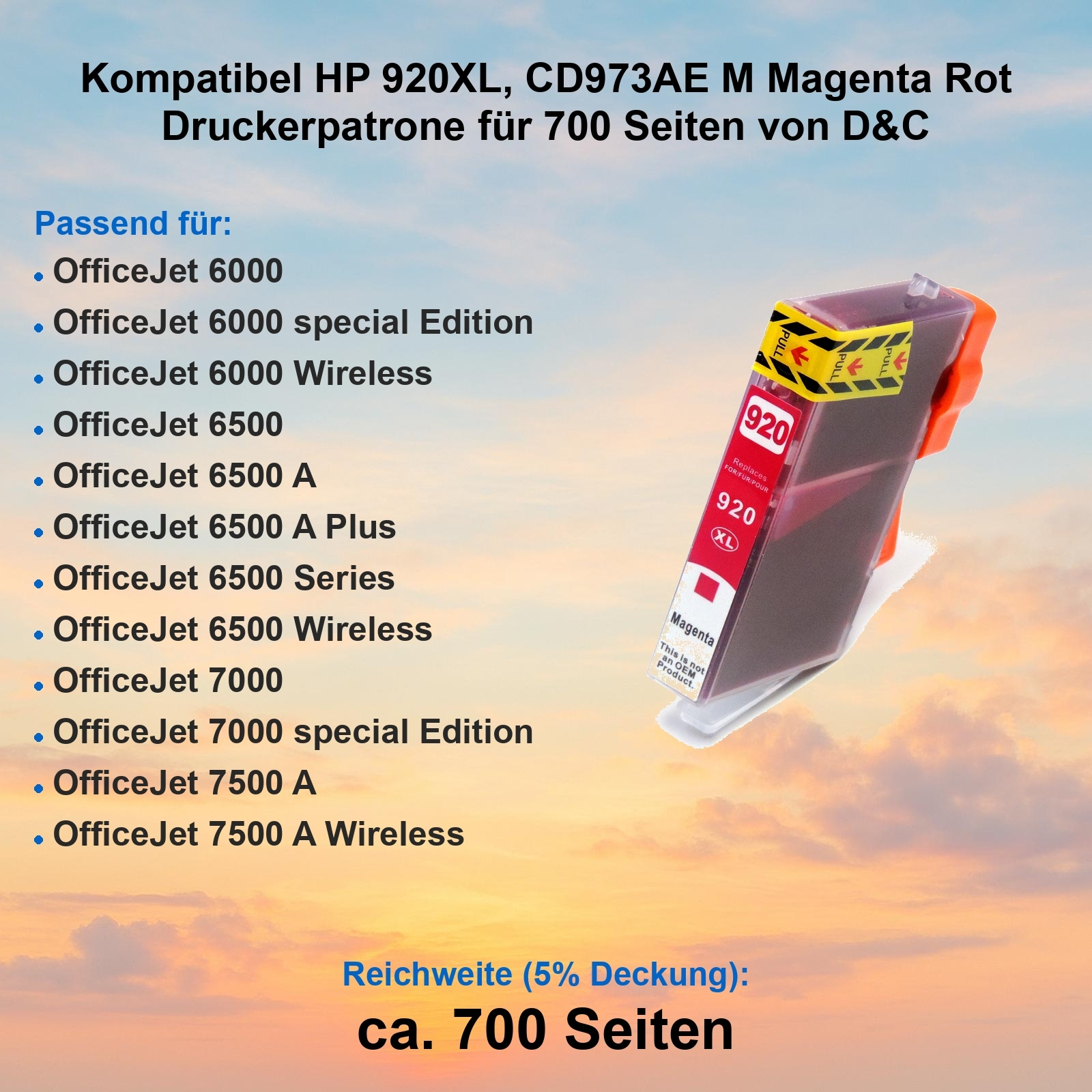Eine Tintenpatrone mit magenta Tinte. Etiketten zeigen '920' und 'Magenta'. Text listet kompatible Drucker und Druckleistung.
