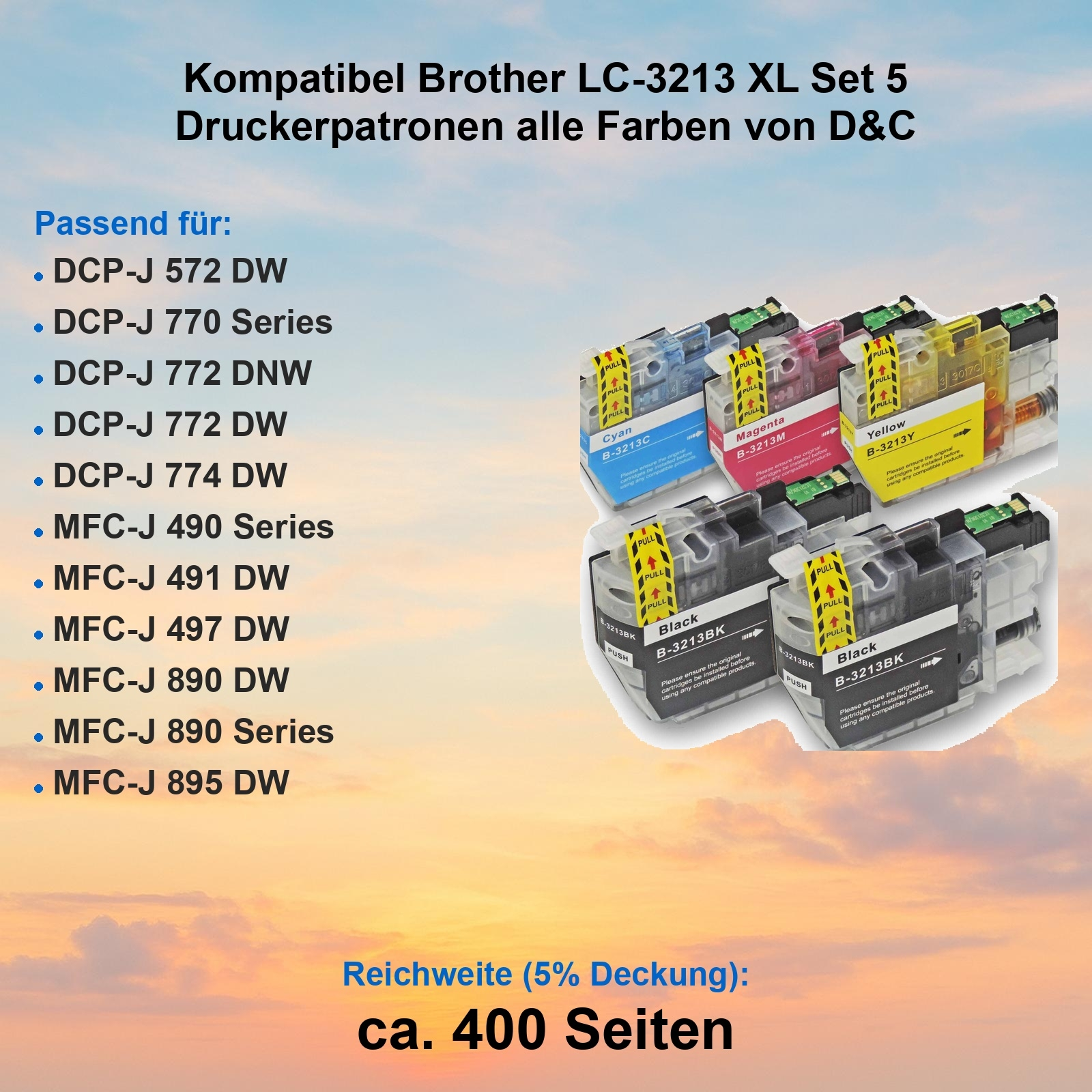 Tintenpatronen in Cyan, Magenta, Gelb und Schwarz. Text listet kompatible Druckermodelle.