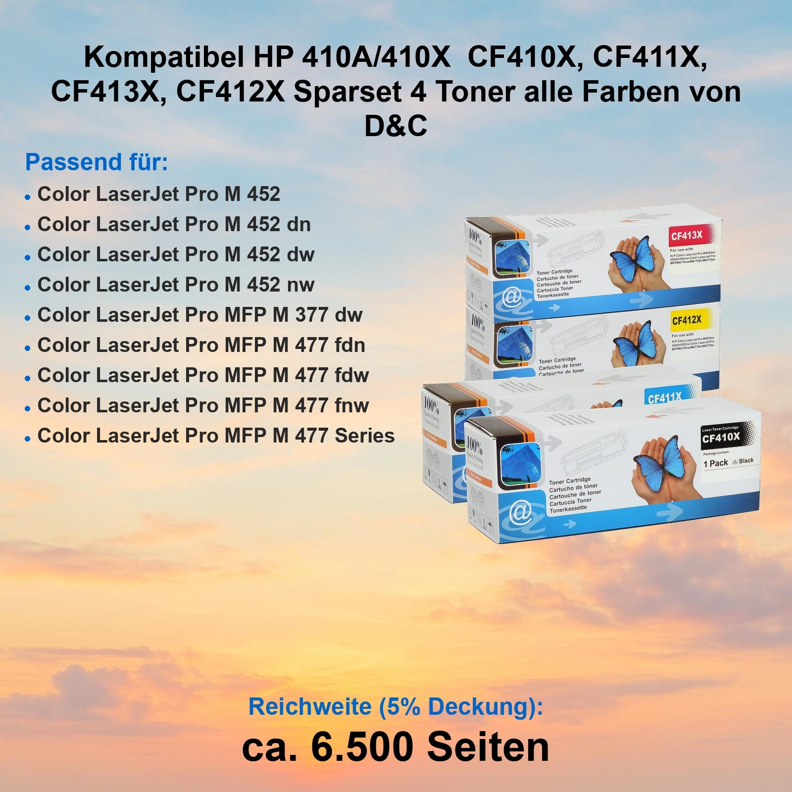 Das Bild zeigt Kartuschen für den Drucker. Die oberste Box hat den Text CF413X und einen blauen Schmetterling.