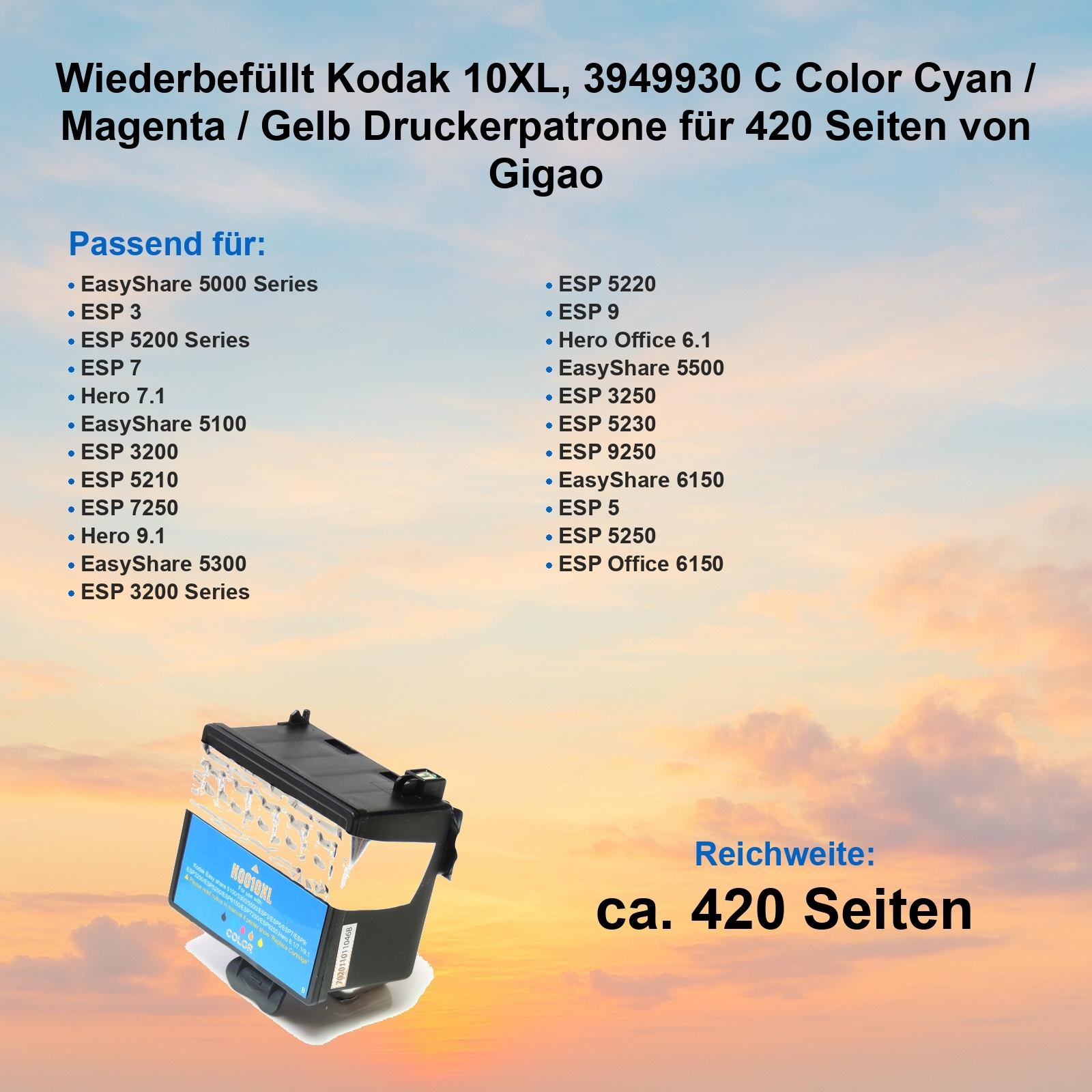 Eine Kodak 10XL Tintenpatrone mit Kompatibilitätsliste und ca. 420 Seiten Reichweite.