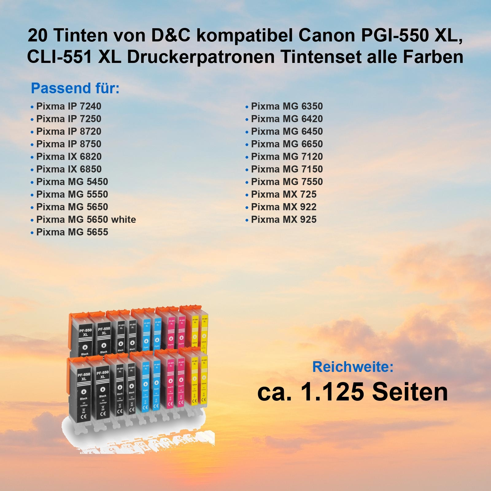 Das Bild zeigt Druckerpatronen mit verschiedenen Farben und Text, der kompatible Canon-Drucker beschreibt.