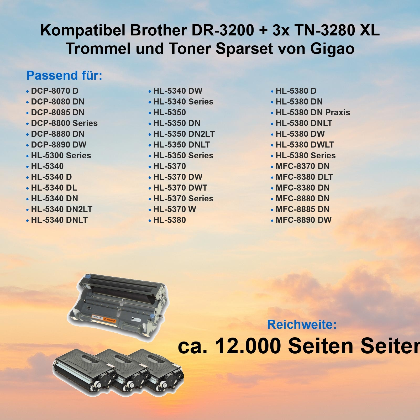 Das Bild zeigt ein Druckertonerset, eine Trommeleinheit und eine Liste kompatibler Druckermodelle.