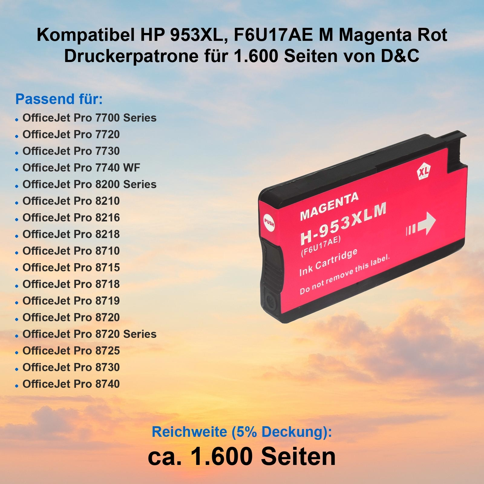 Eine Tintenpatrone mit magenta Tinte, beschriftet mit H-953XLM. Kompatibel mit HP Druckern. Inklusive Kompatibilitätsliste.