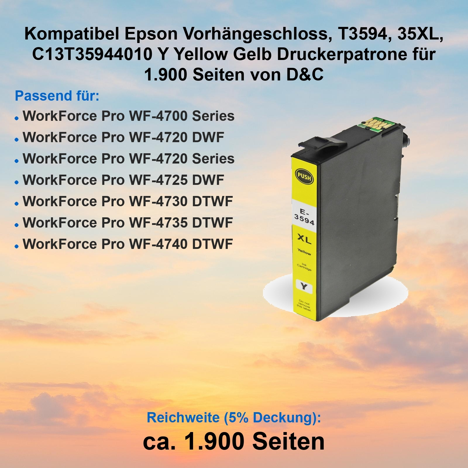 Eine gelbe Epson-Tintenpatrone mit Text und Spezifikationen, einschließlich Druckerkompatibilität.