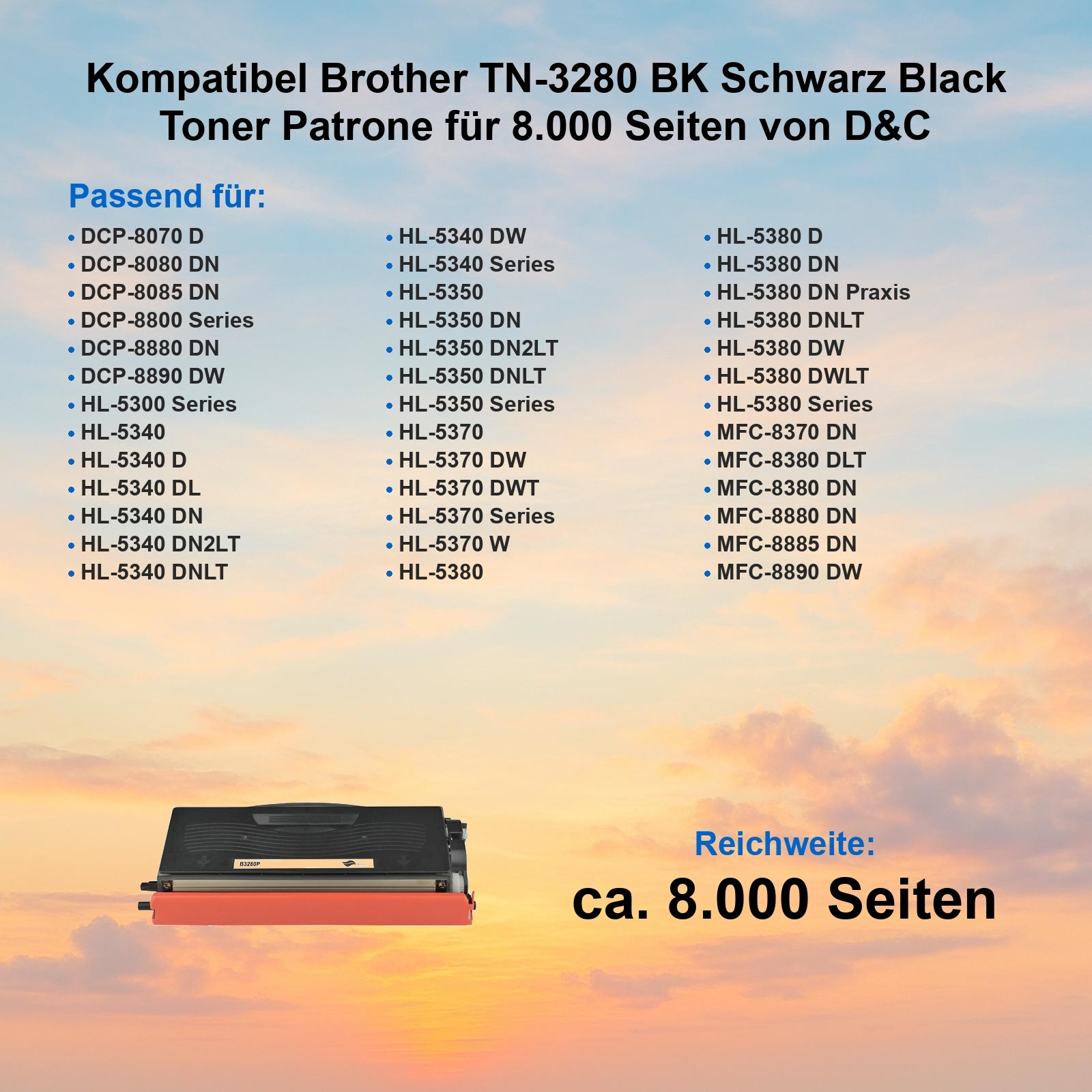 Schwarze Tonerkartusche mit orangenem Teil, kompatibel mit Brother-Druckern. Text listet kompatible Modelle.
