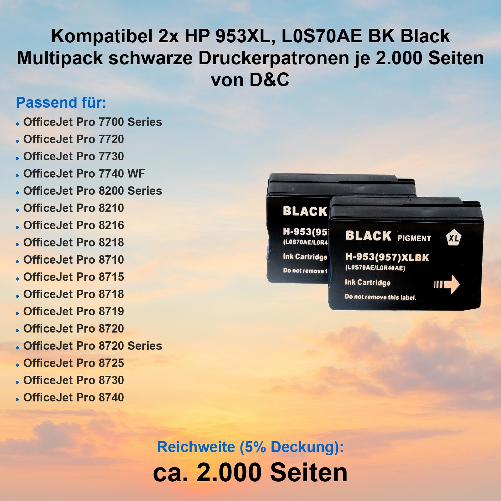 Das Bild zeigt zwei schwarze Tintenpatronen mit Text. Der Hintergrund enthält Text mit kompatiblen Druckermodellen.