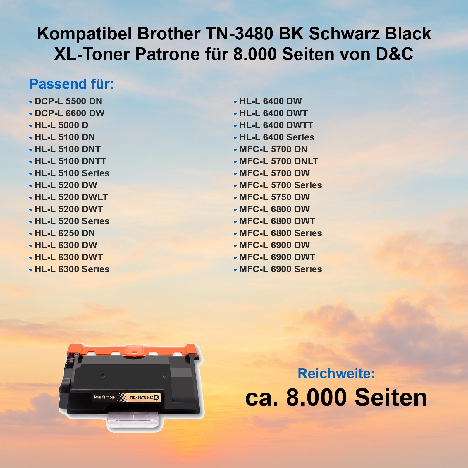 Bild zeigt eine schwarze Tonerkartusche mit orangefarbenen Akzenten, kompatibel mit Brother-Druckern, mit Himmelhintergrund.