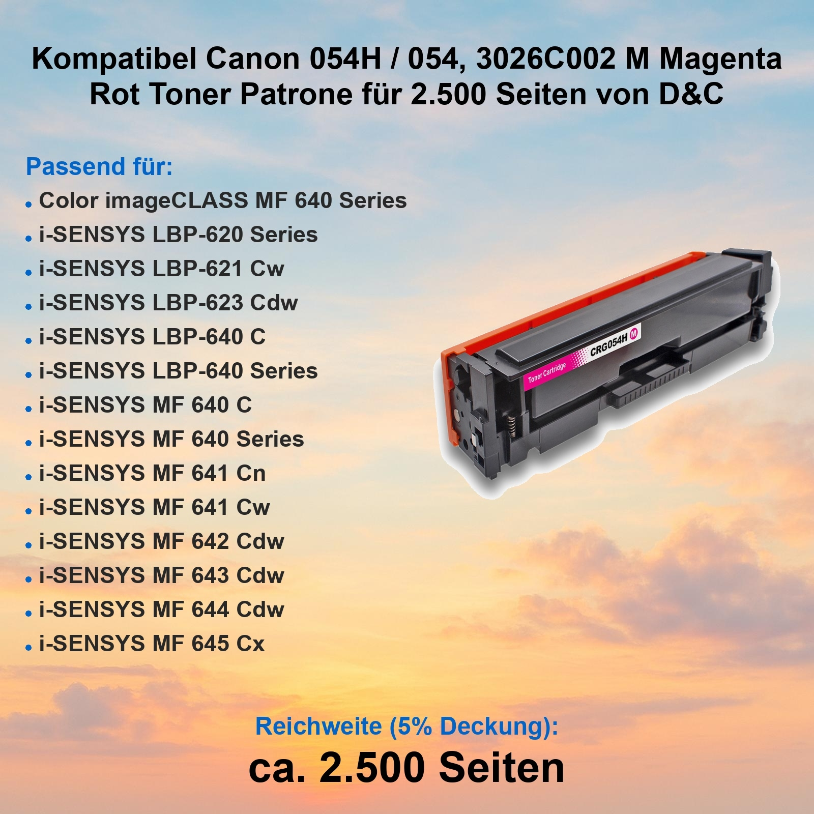 Eine magentafarbene Tonerkartusche für Canon-Drucker, mit roten Akzenten, Produktdetails und hellem blauem Himmel im Hintergrund.
