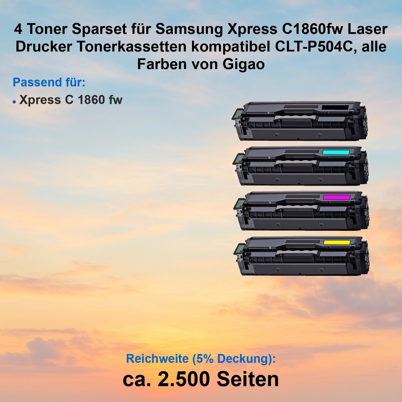 Vier schwarze Tonerkassetten mit cyan-, magenta- und gelben Indikatoren vor Sonnenuntergang. Textdetails.