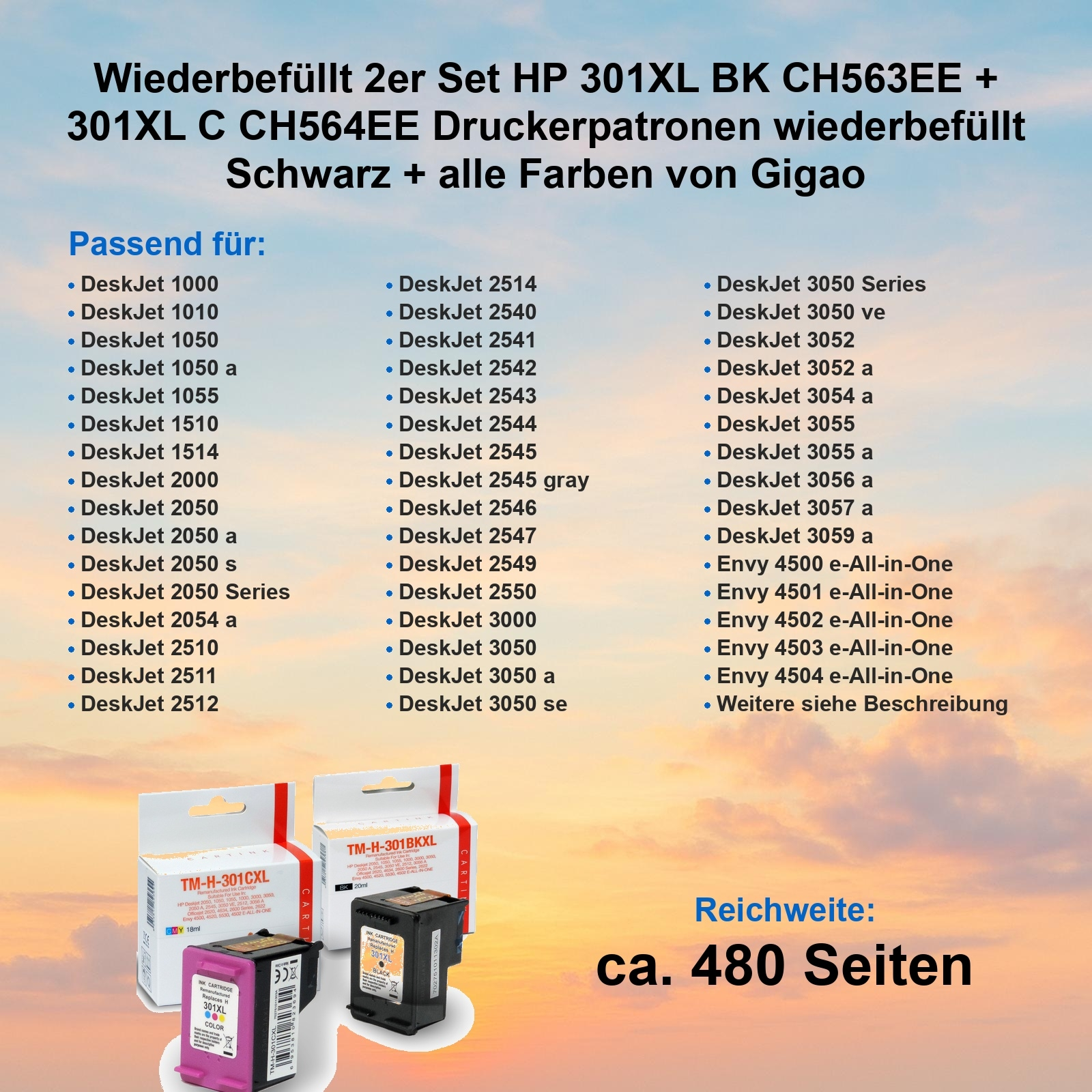 Werbung für Druckerpatronen, Auflistung kompatibler Druckermodelle und Seitenleistung.