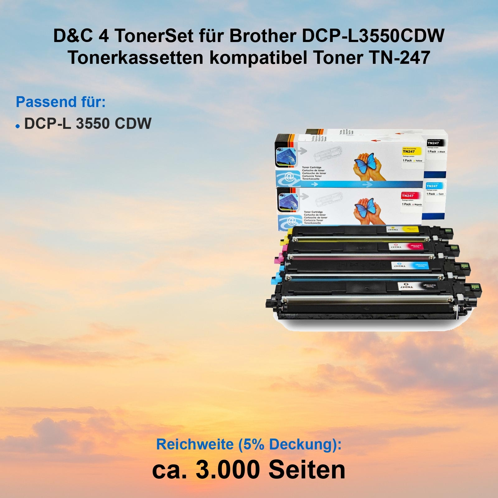 Ein Tonerset für Brother-Drucker. Kartons und Patronen in verschiedenen Farben werden vor Himmelshintergrund angezeigt.