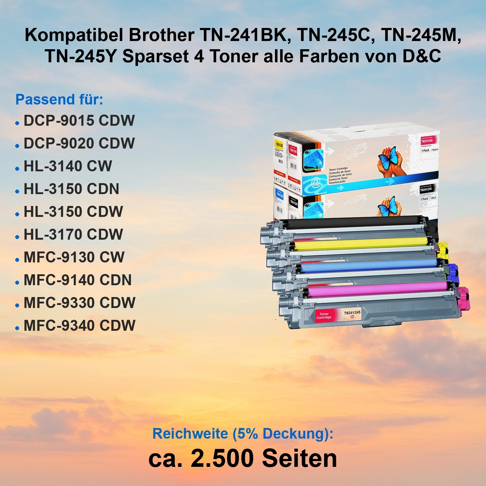 Das Bild zeigt Tonerkartuschen für Brother-Drucker. Der Text listet kompatible Modelle und Informationen zur Ergiebigkeit auf.