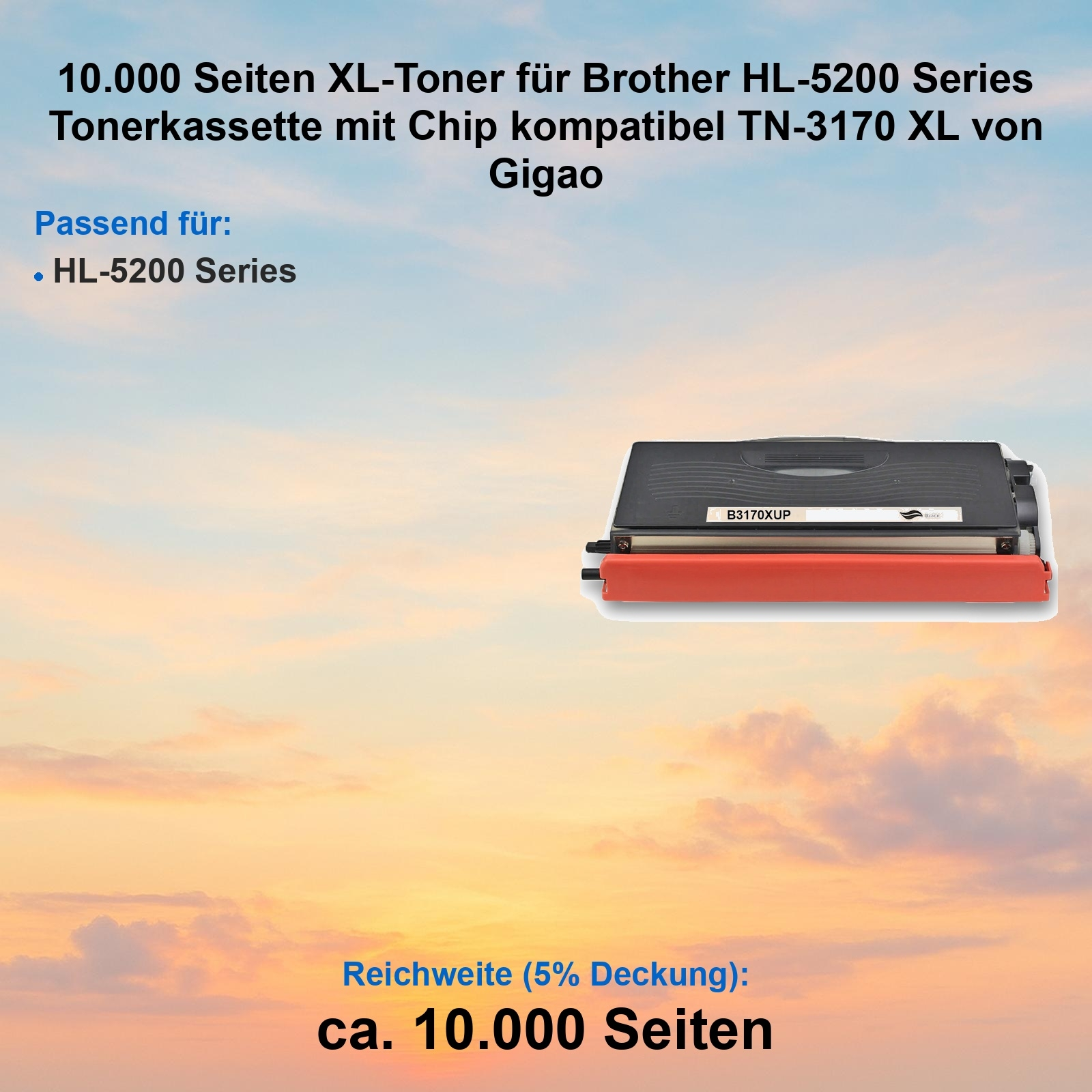 Eine Tonerkassette für Brother HL-5200-Serie-Drucker. Sie ist schwarz mit einer orangefarbenen Walze und Text.