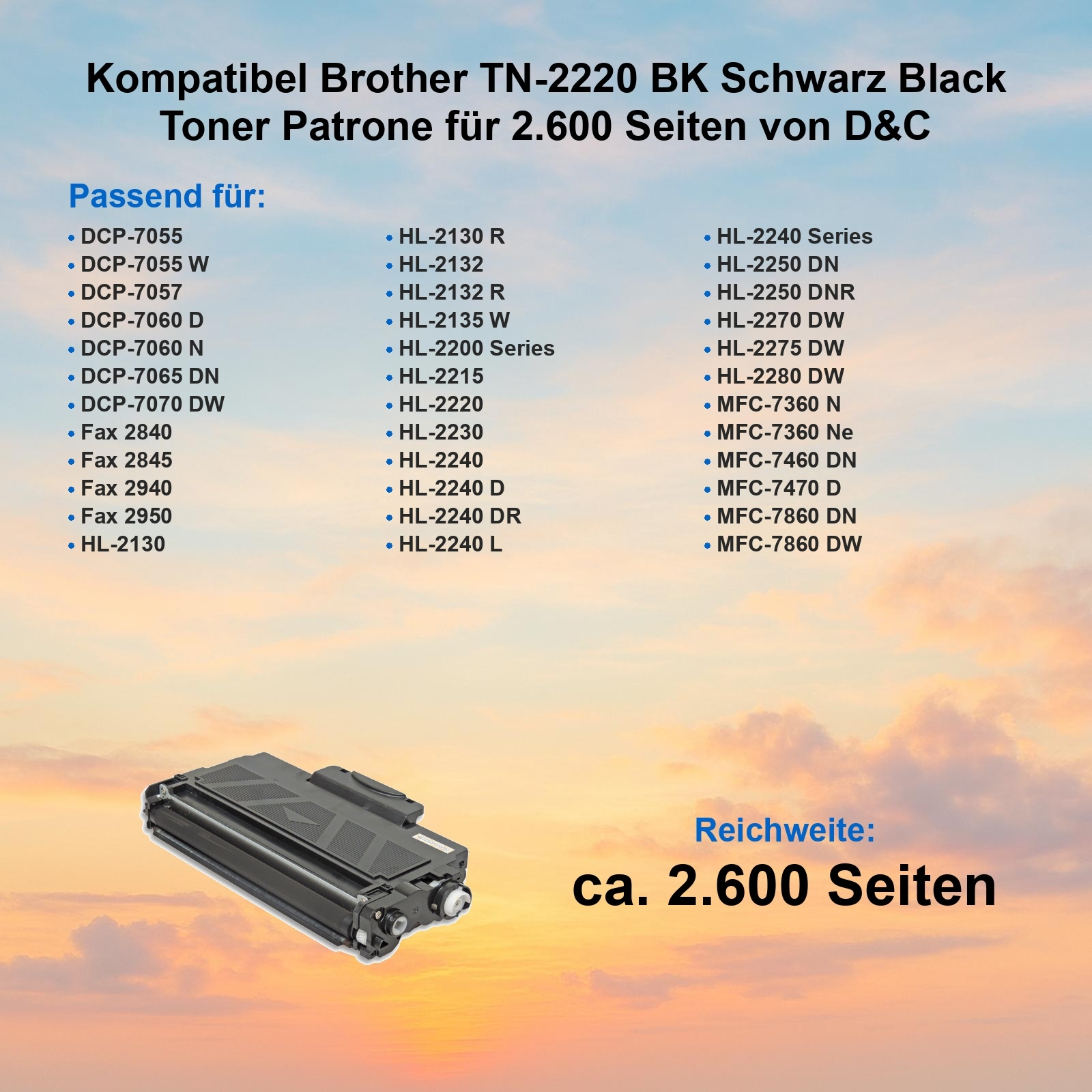 Schwarze Tonerkartusche auf Farbverlauf. Text listet kompatible Druckermodelle und Seitenzahl.