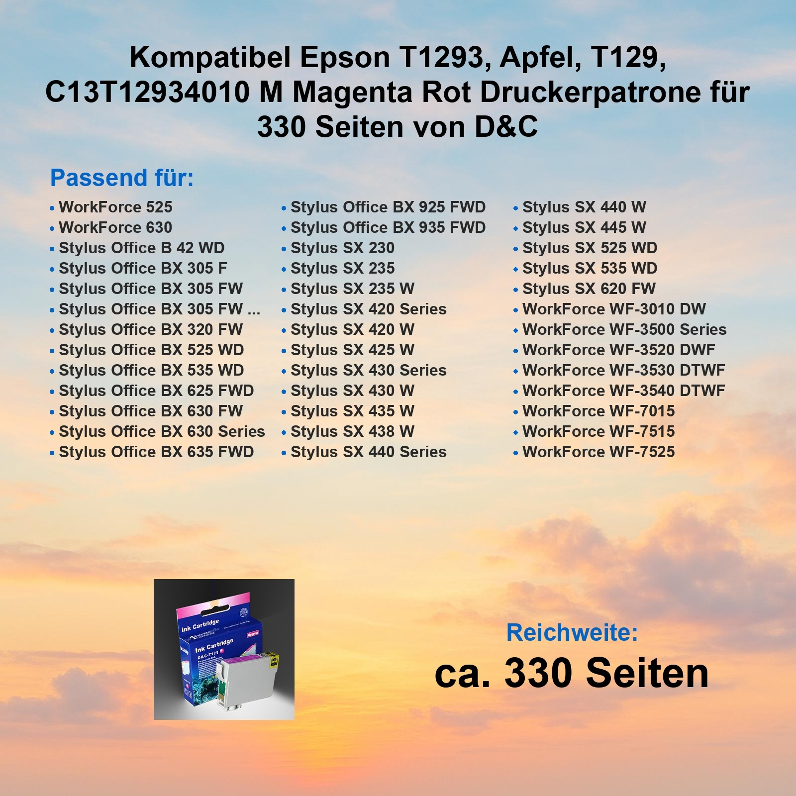 Ein Bild mit Text über Druckerpatronen. Listet Modelle und eine Patronenbox. Außerdem steht 'ca. 330 Seiten'.