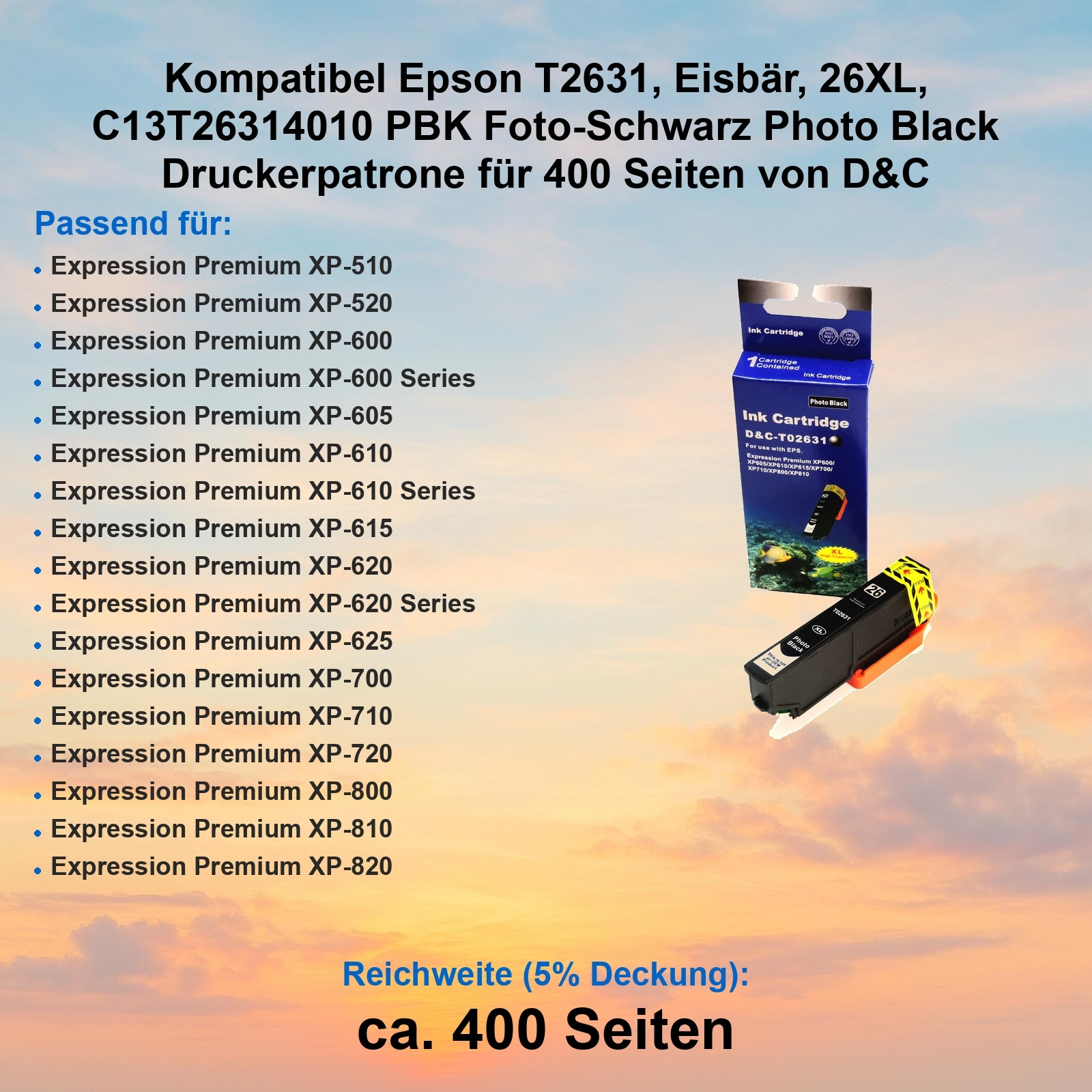 Das Bild zeigt eine Tintenpatronenbox und -patrone. Textdetails zur Kompatibilität mit Epson-Druckern und Patronenspezifikationen.