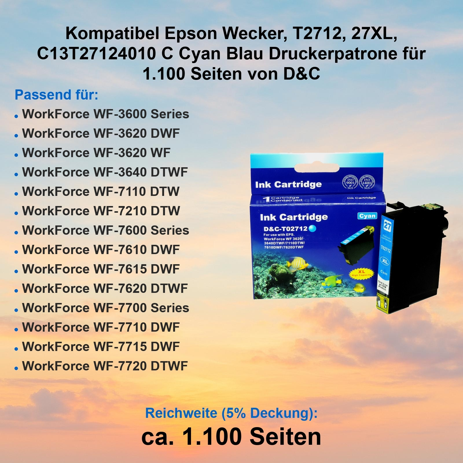 Eine Tintenpatronenbox mit Text und eine cyanfarbene Tintenpatrone daneben. Verschiedene Druckermodelle sind aufgeführt.
