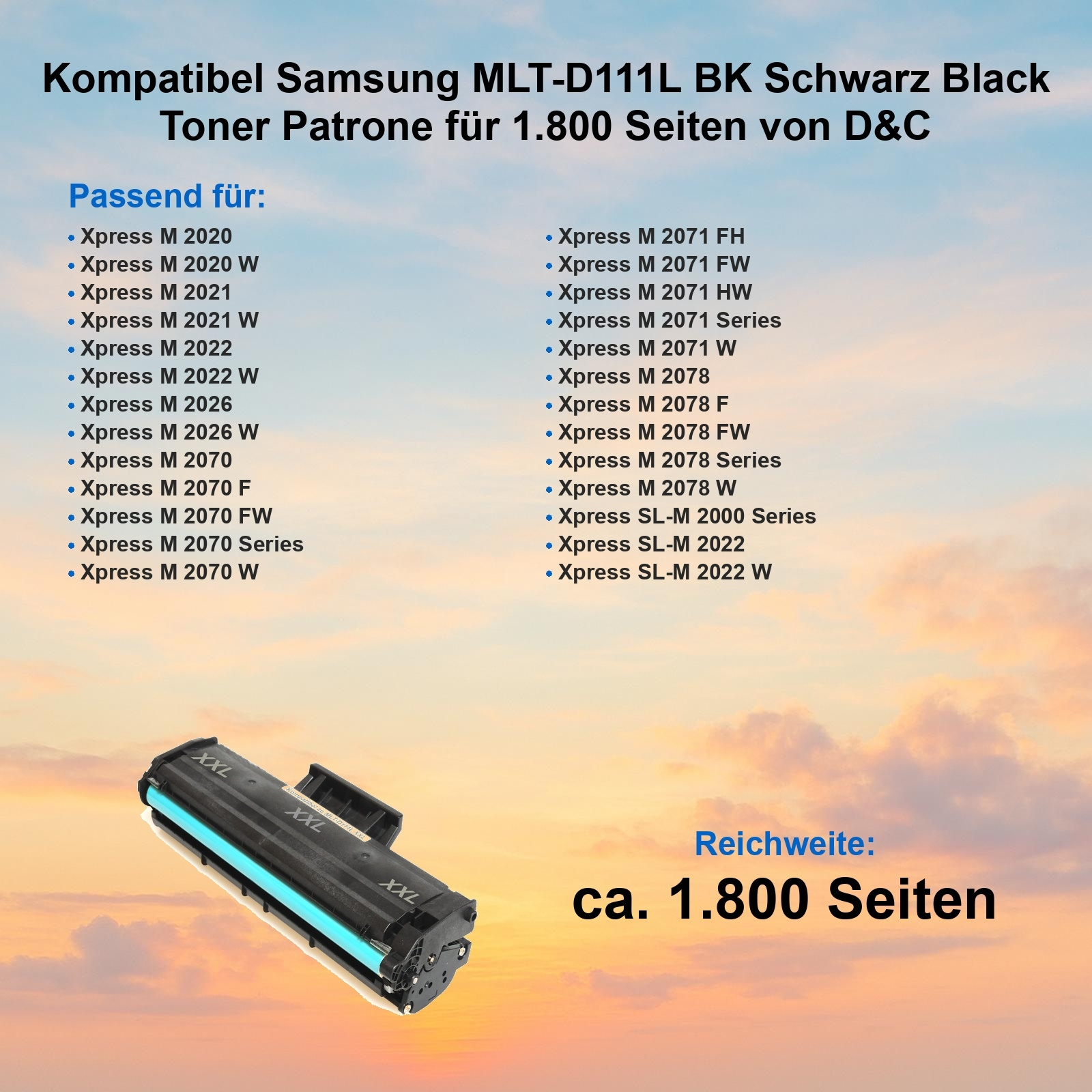Schwarze Tonerkartusche mit Kompatibilitätsliste, XXL-Markierungen und Text zur Seitenleistung.