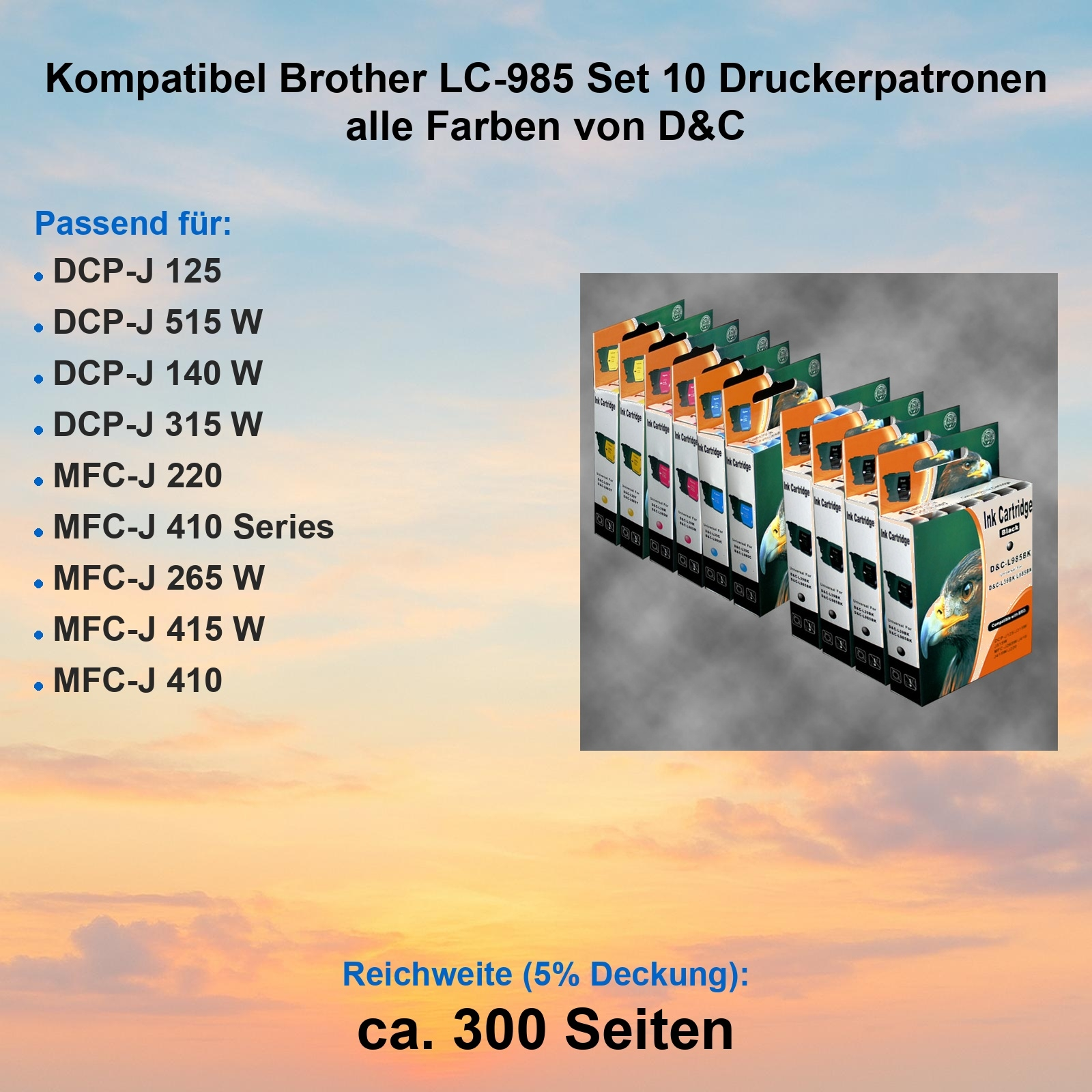 Das Bild zeigt Druckerpatronen in Kartons. Der Text enthält kompatible Modelle und Seitenzahl. Der Hintergrund ist ein orangefarbener Himmel.