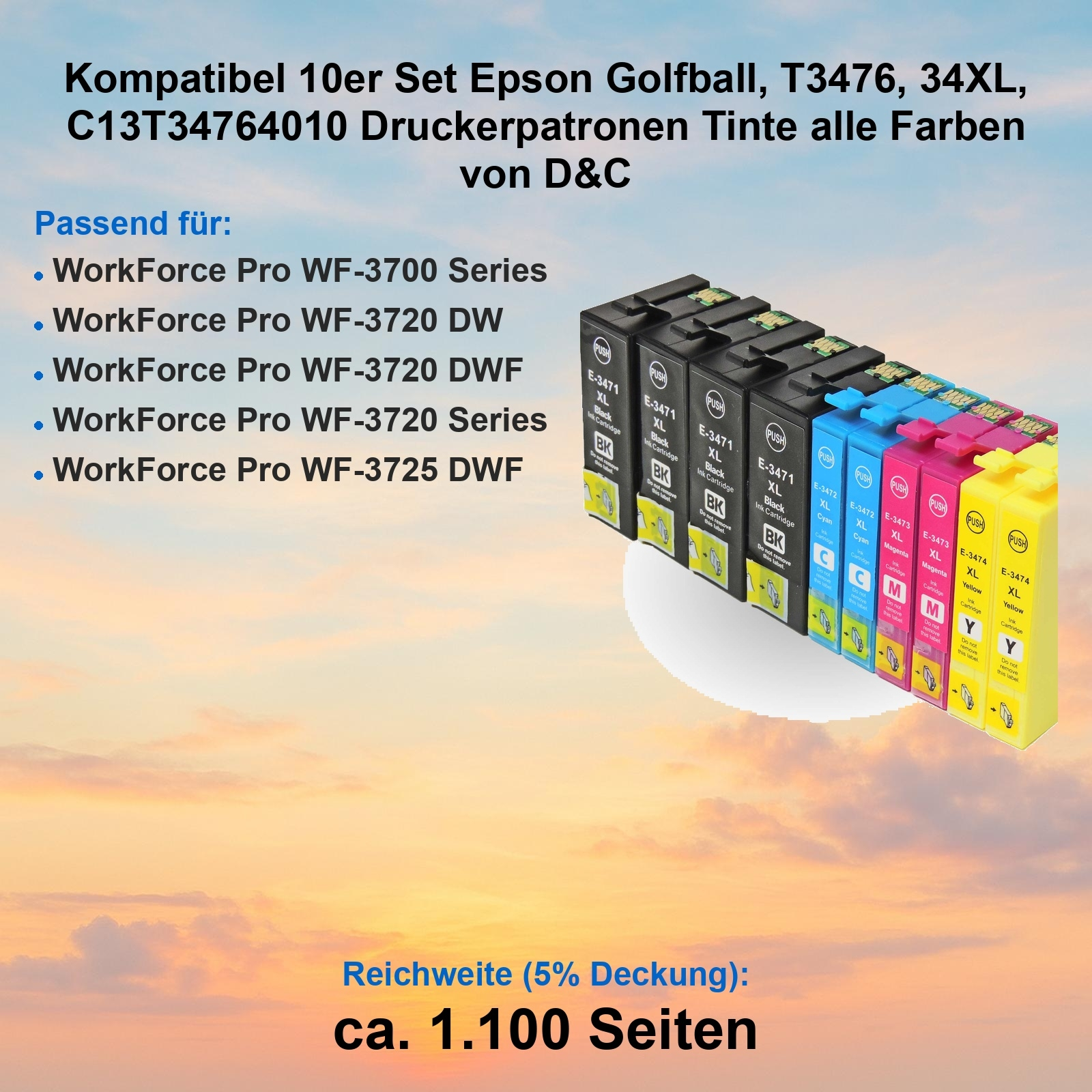 Tintenpatronen für Epson-Drucker. Schwarze, cyanfarbene, magenta- und gelbe Patronen. Text auf dem Bild.
