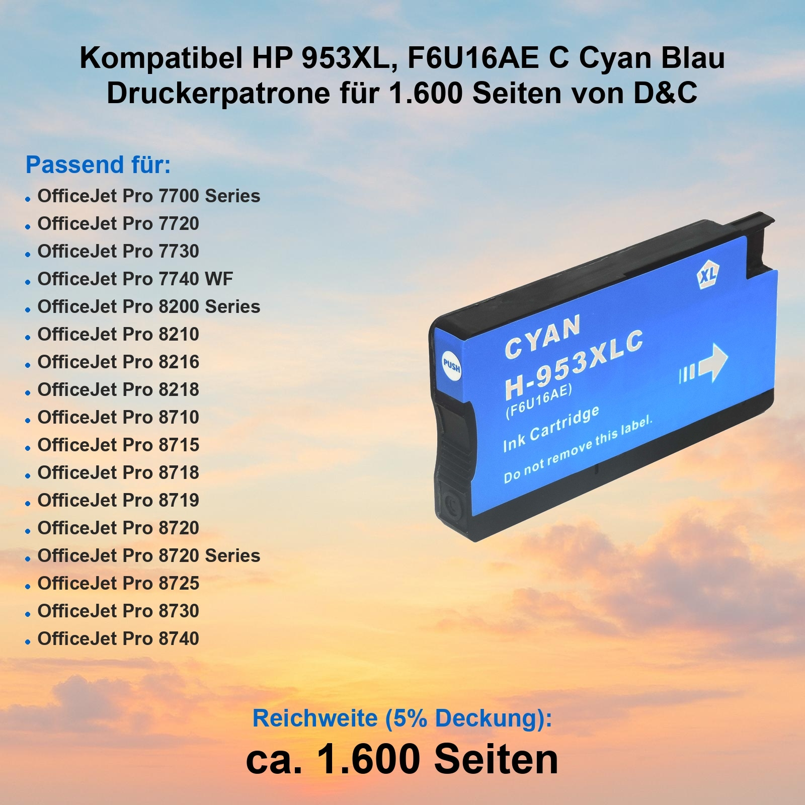 Blaue Tintenpatrone mit weißem Pfeil und schwarzem Gehäuse. Text: 'CYAN H-953XLC'. Kompatibel mit Druckermodellen.