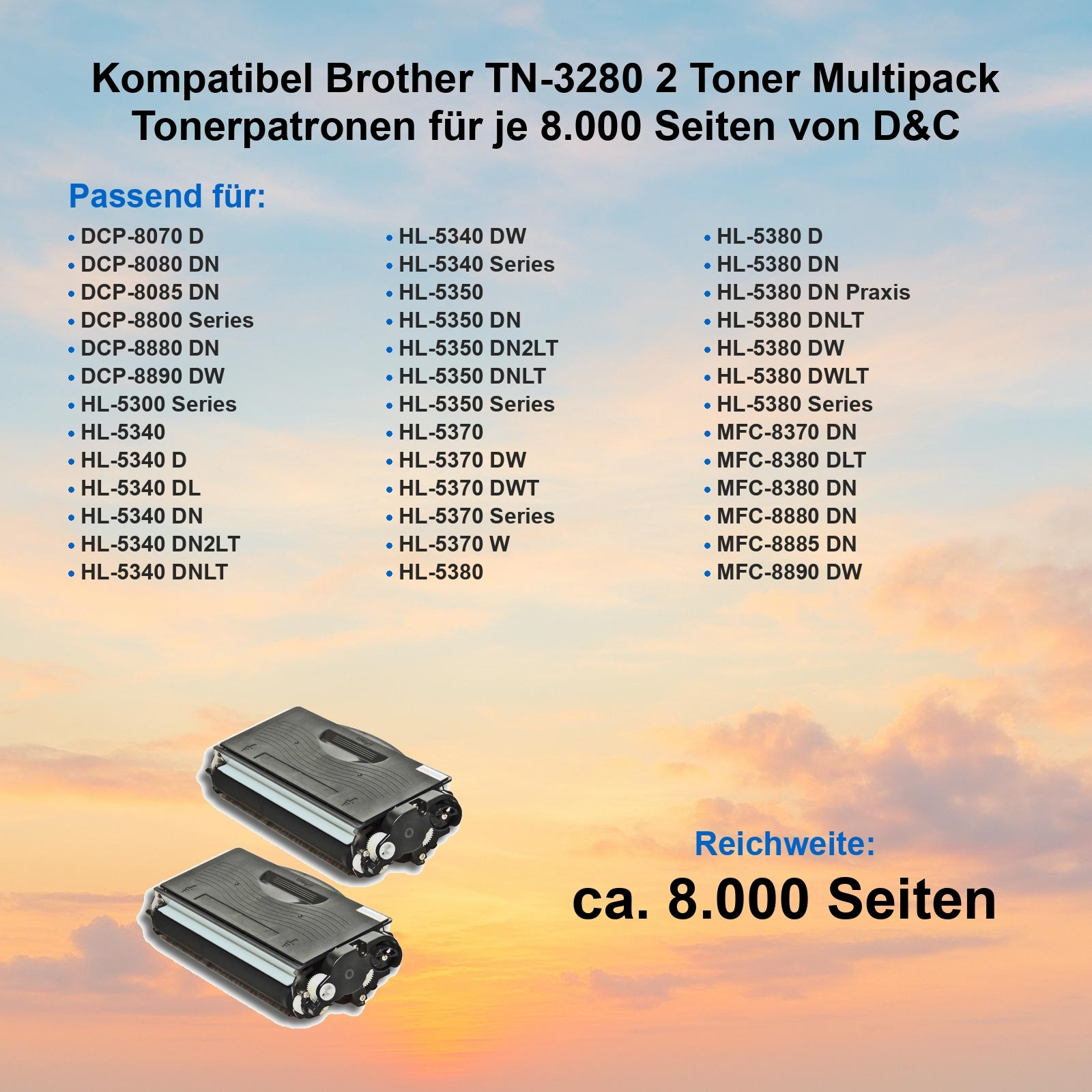 Das Bild zeigt zwei schwarze Tonerkartuschen. Text listet kompatible Brother-Druckermodelle und eine Seitenausbeute von 8.000.