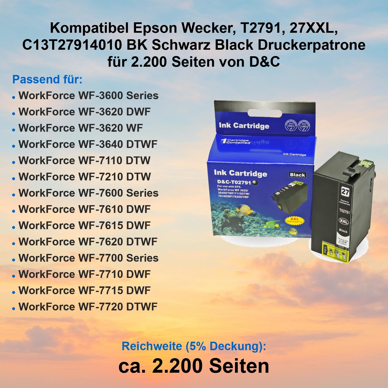Das Bild zeigt eine Tintenpatronenbox und eine schwarze Tintenpatrone. Textdetails zur Druckerkompatibilität und Seitenleistung.