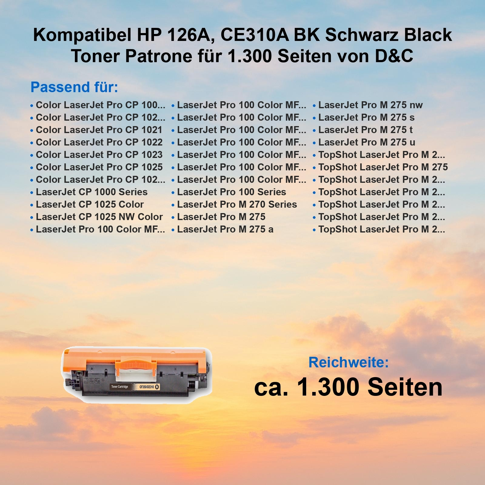Tonerkartusche mit orangefarbenen und schwarzen Teilen, Produktinformationstext und himmelartiger Hintergrund.