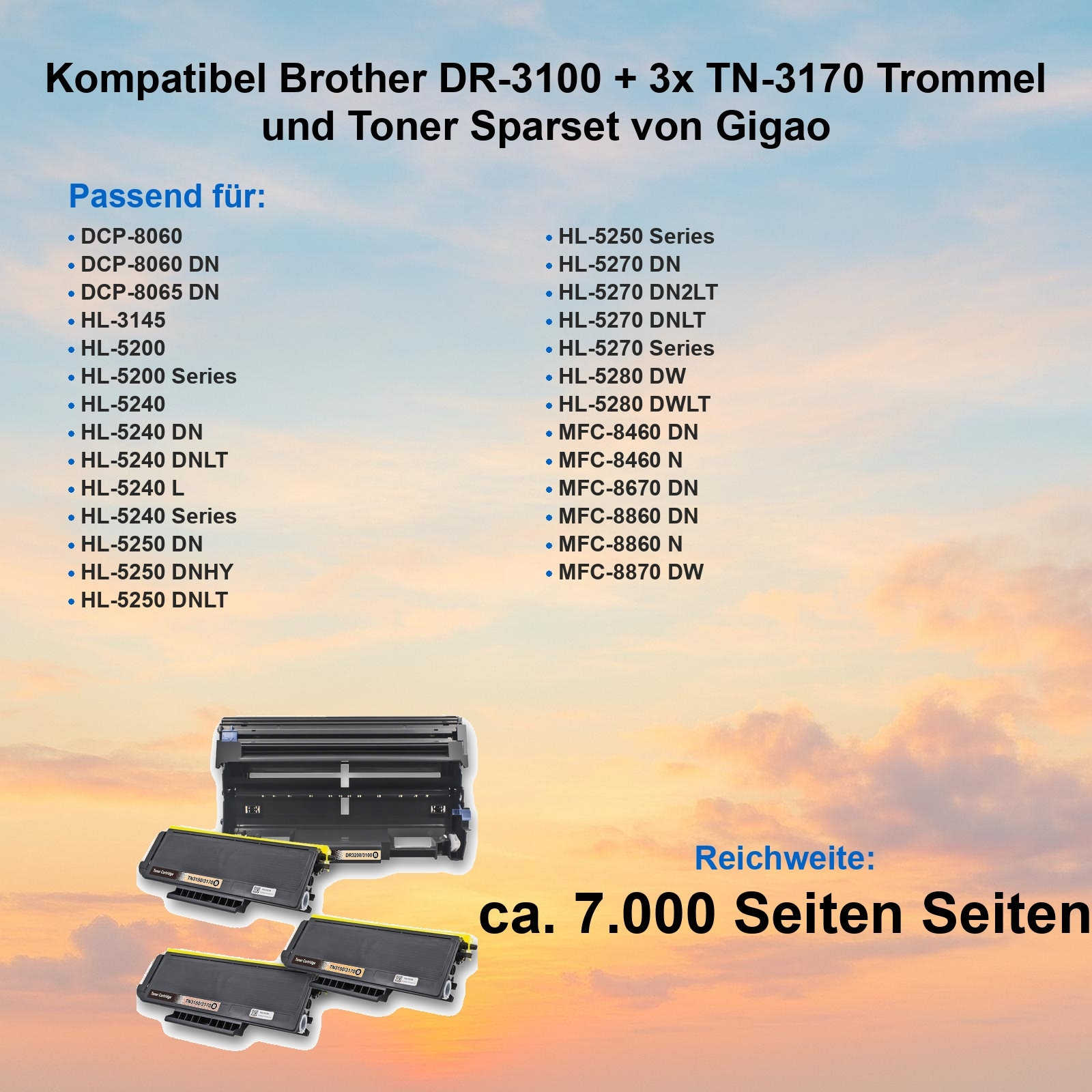 Das Bild zeigt ein Trommel-Set mit Tonerkartuschen. Text listet kompatible Druckermodelle und Seitenleistung.